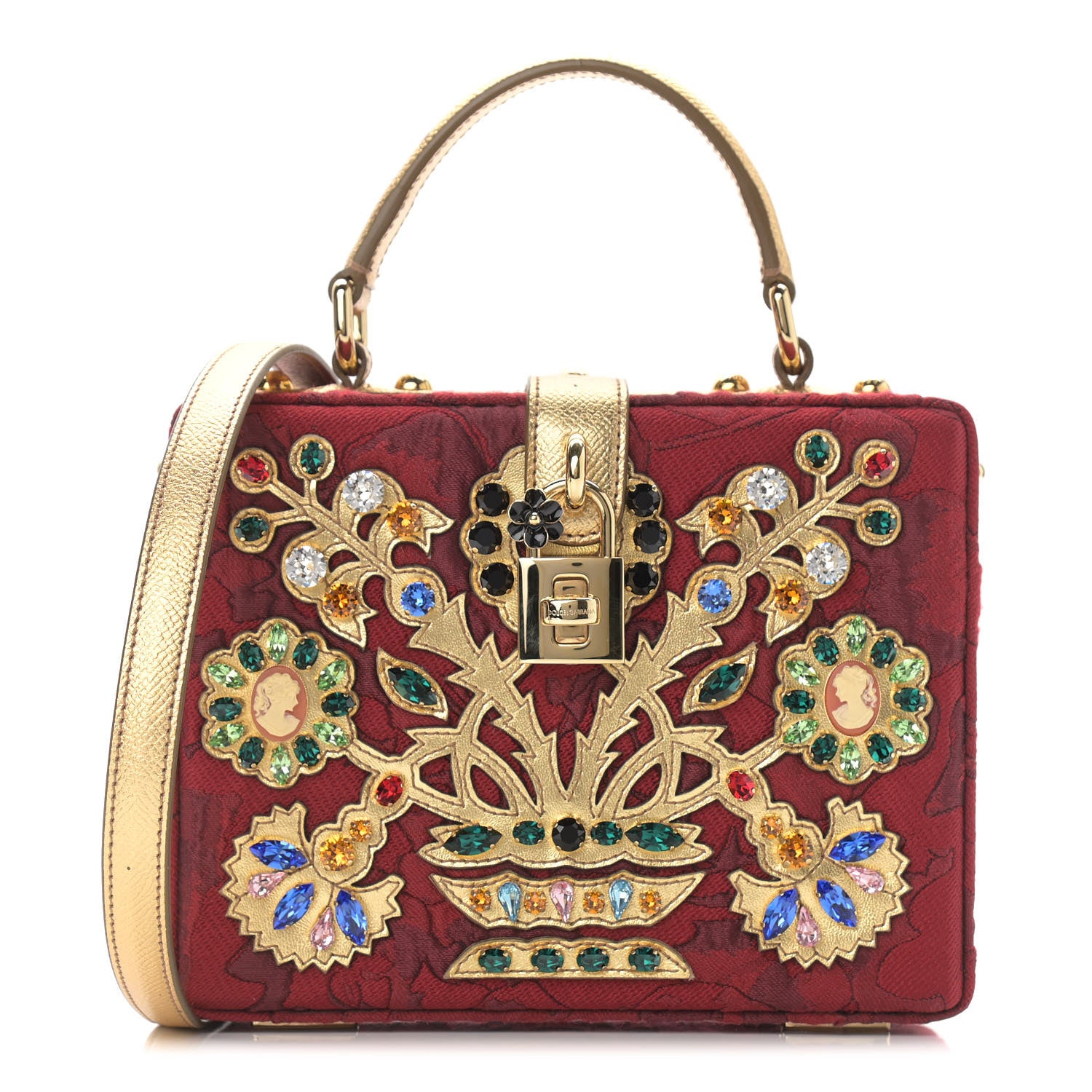 Dolce & Gabbana Brocade Dauphine Crystal Embellished Box Bag Red Gold 1 of 9