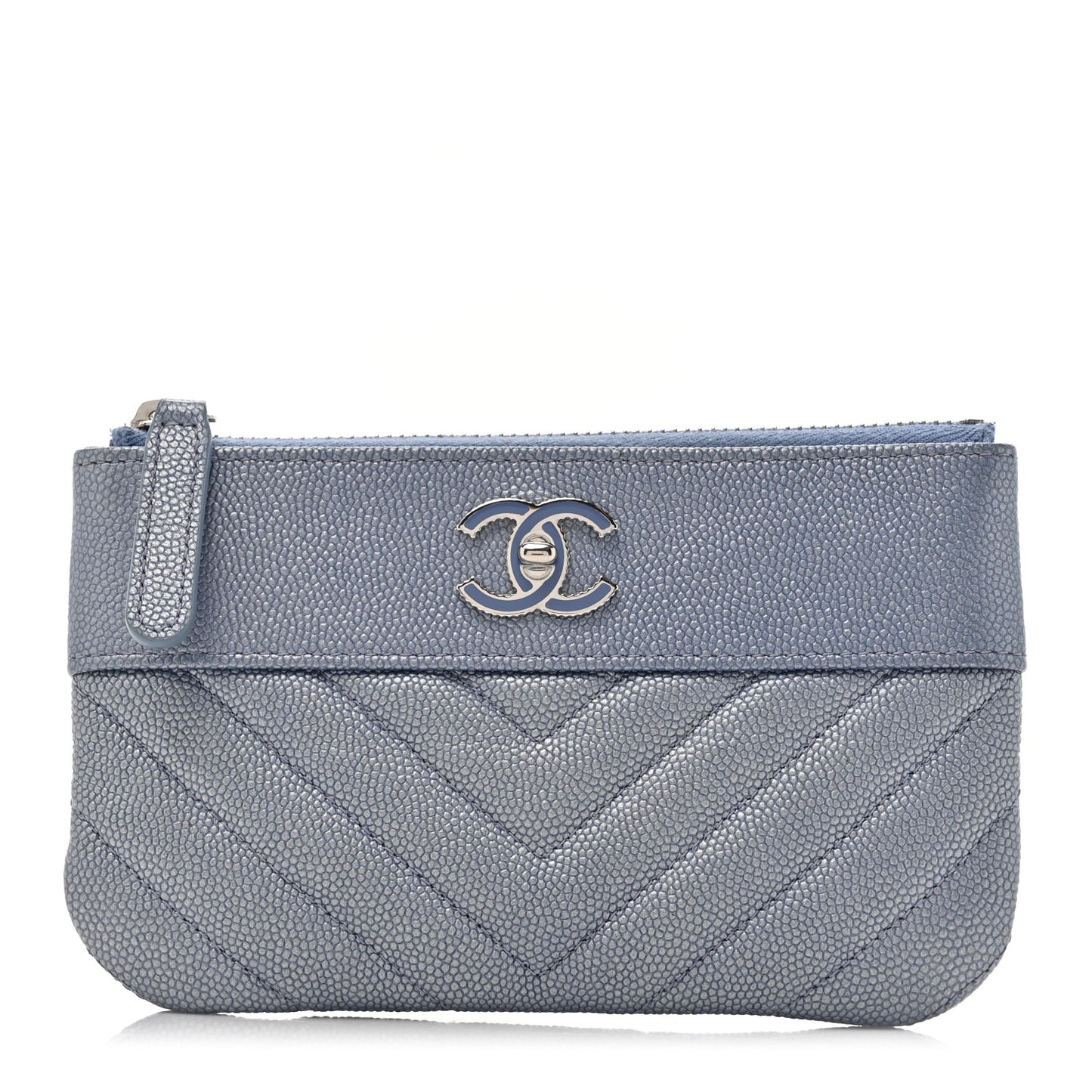 Metallic Caviar Chevron Quilted Small Vintage Mademoiselle Cosmetic Case Blue