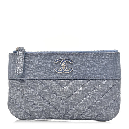 Chanel Metallic Caviar Chevron Quilted Small Vintage Mademoiselle Cosmetic Case Blue 1 of 8