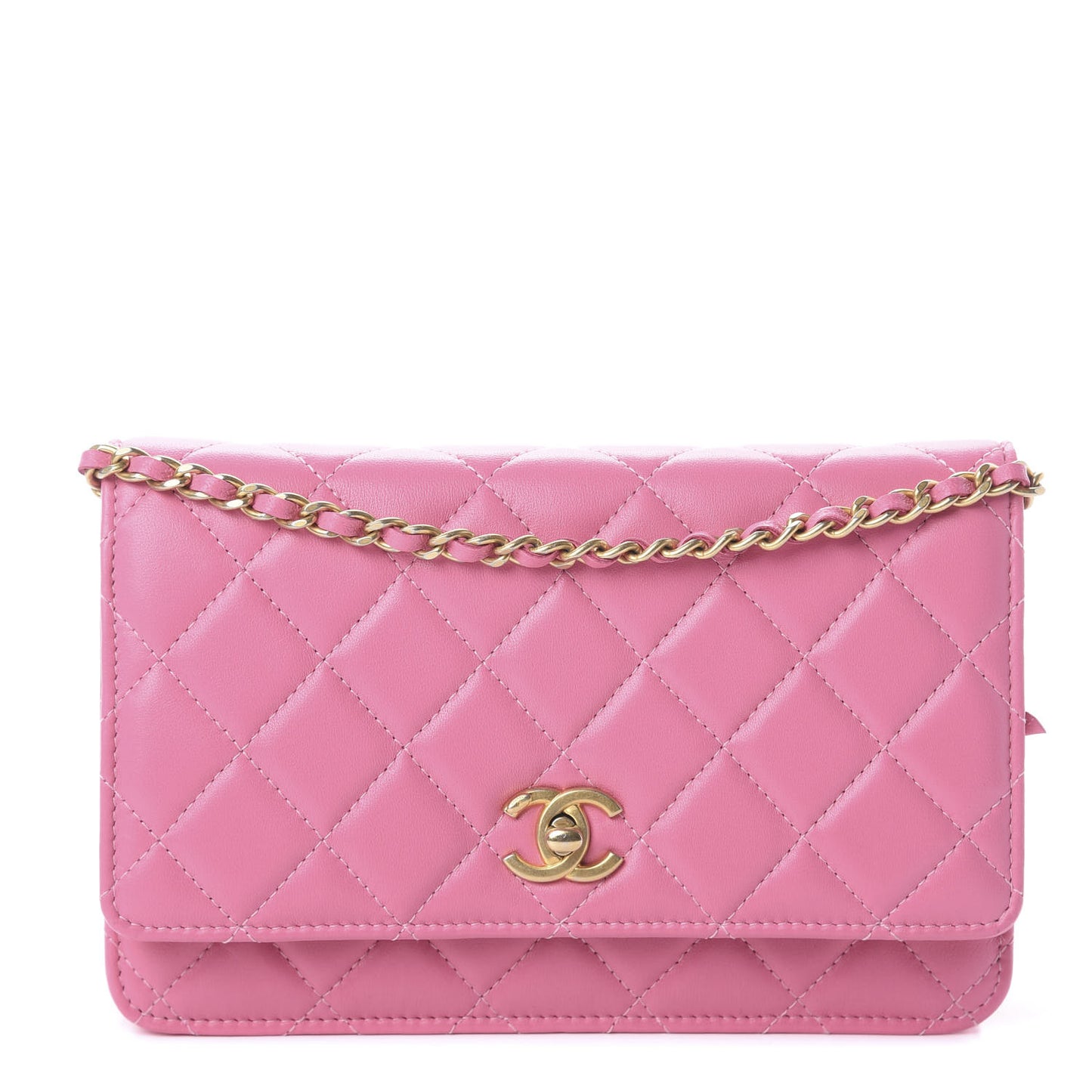 Lambskin Quilted CC Pearl Crush Wallet on Chain WOC Pink
