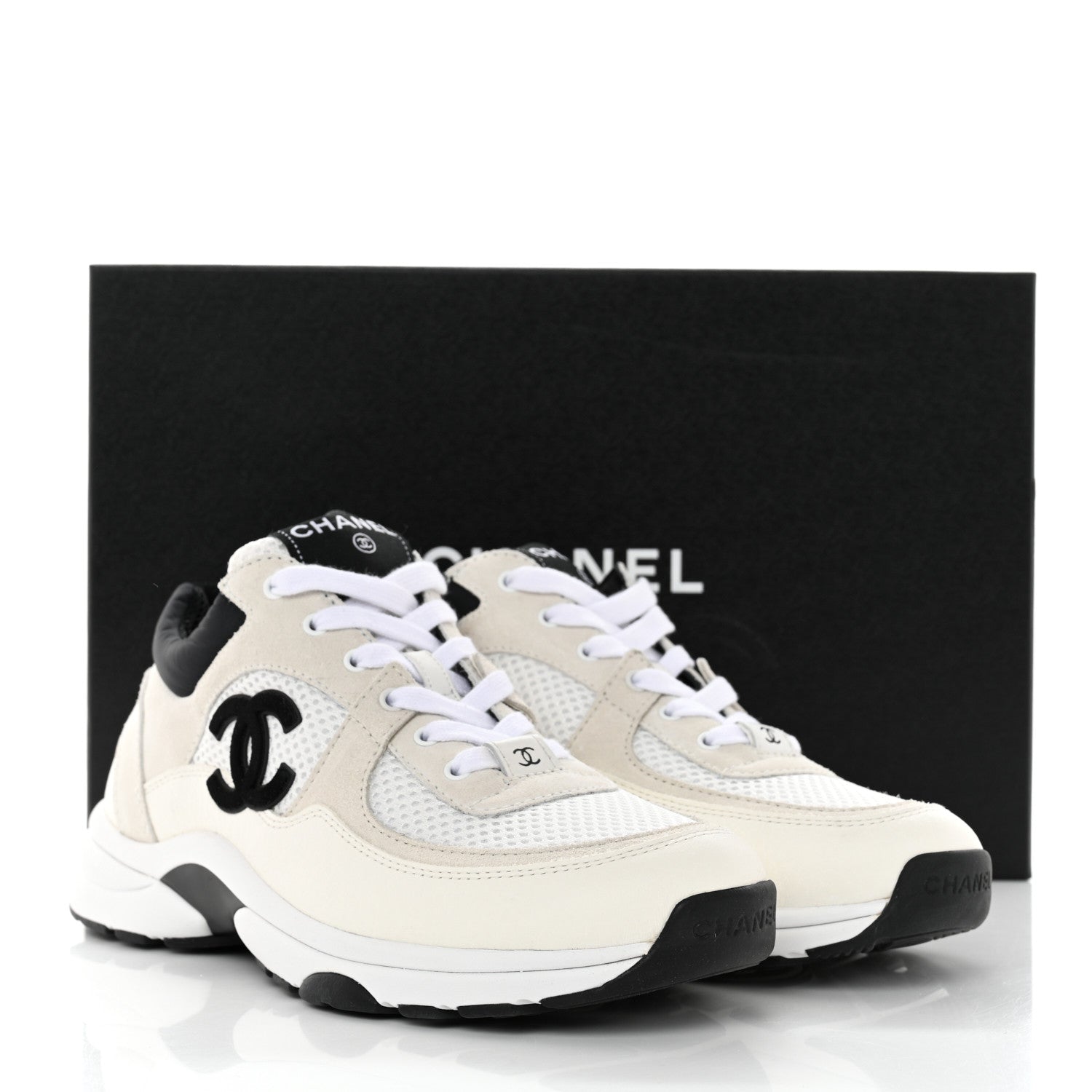 Chanel Mesh Suede Calfskin Grained Calfskin Womens CC Sneakers 36.5 White Black 9 of 9