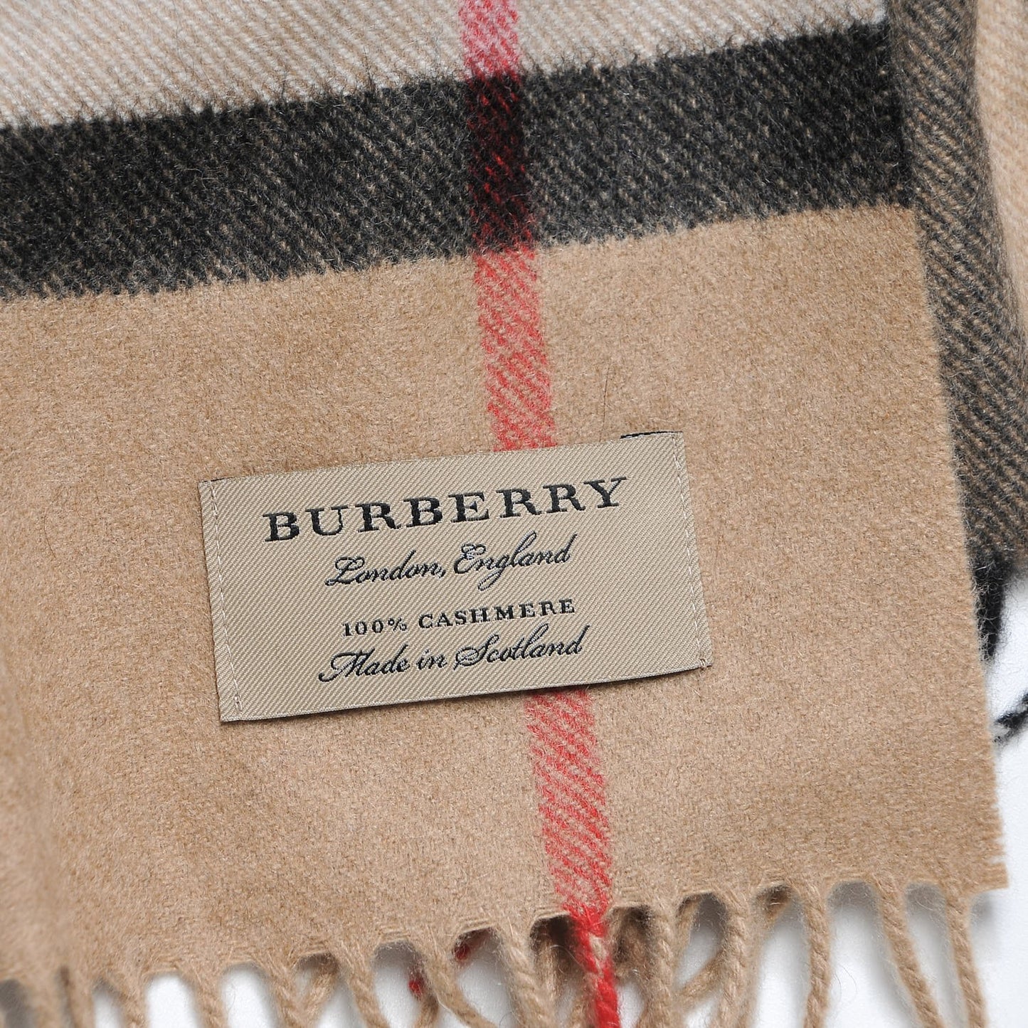 Cashmere Giant Check Fringe Scarf Camel