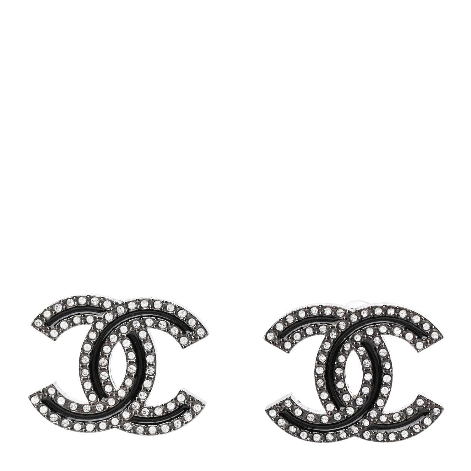 Chanel Enamel Crystal CC Earrings Black Silver 1 of 5