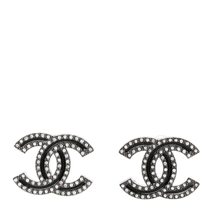 Chanel Enamel Crystal CC Earrings Black Silver 1 of 5