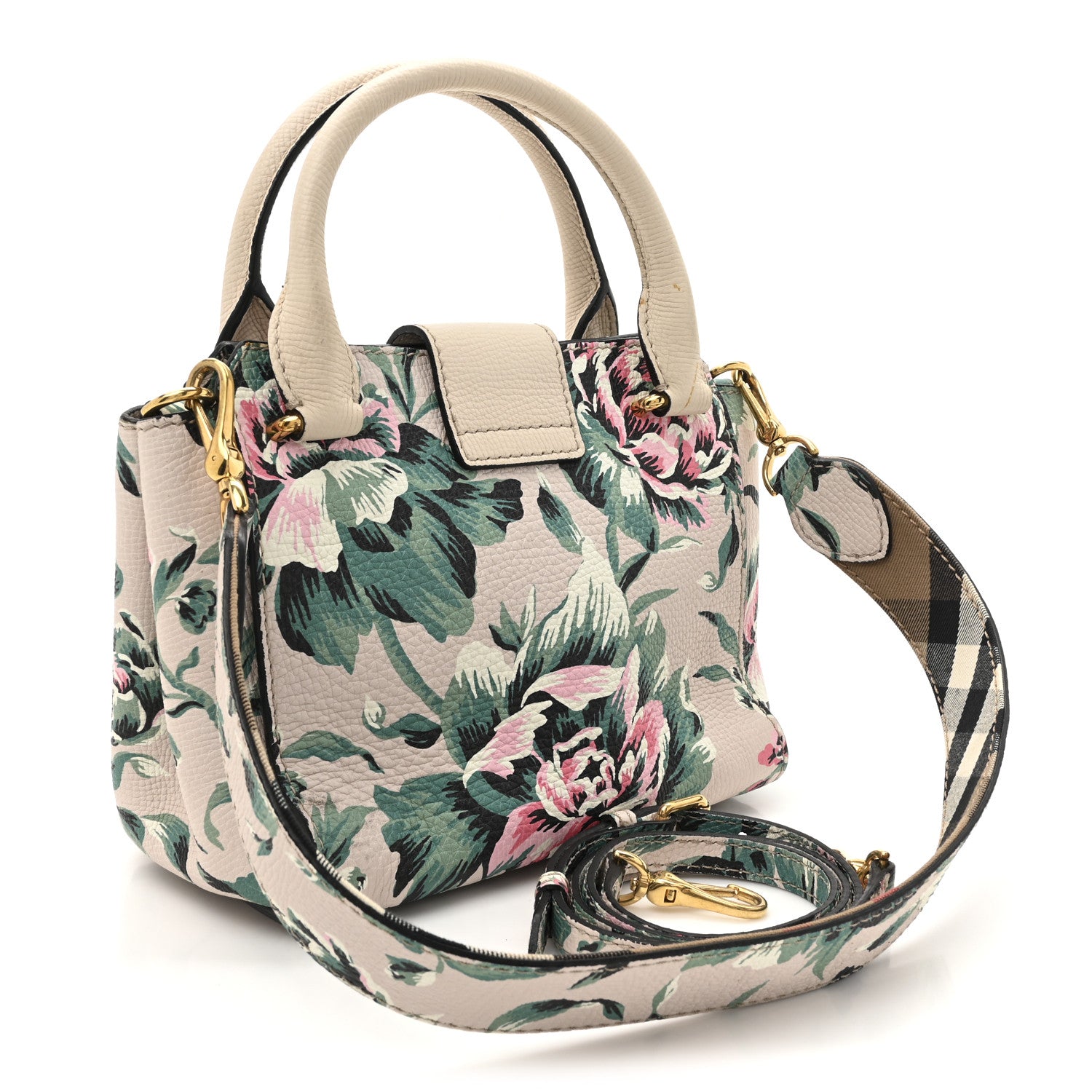 Burberry Soft Grain Calfskin Floral Print Medium Buckle Tote Natural Emerald Green 3 of 13