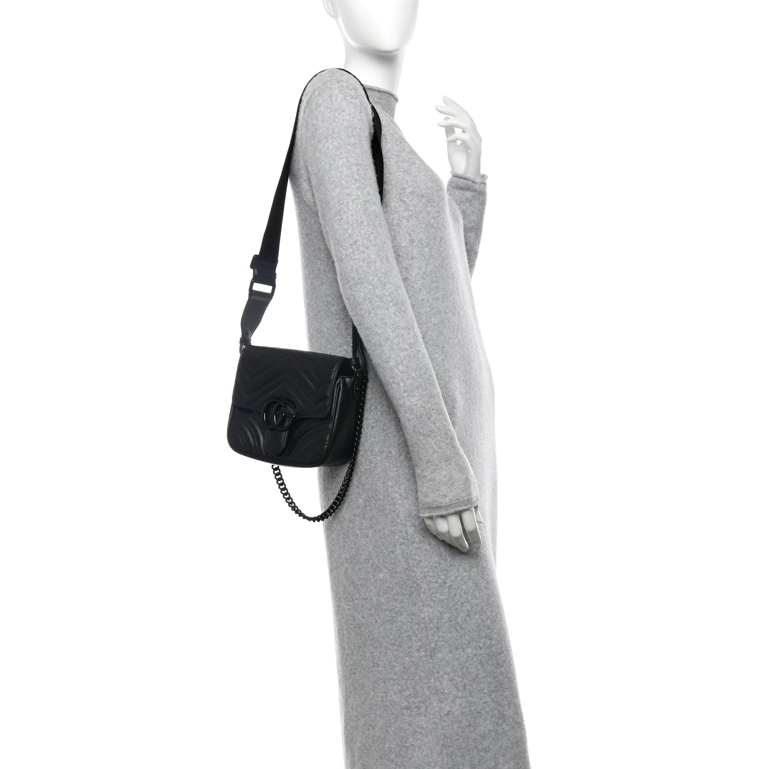 Gucci Calfskin Matelasse Monochrome Mini GG Marmont Crossbody Shoulder Bag Black 2 of 12