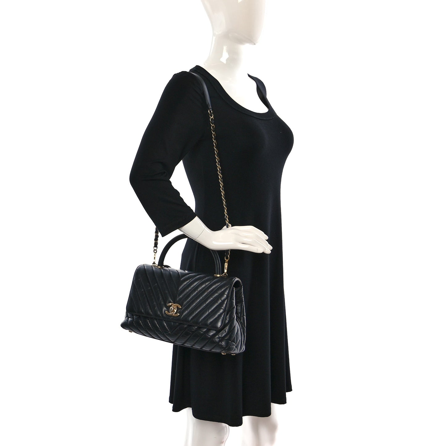 Aged Calfskin Chevron Quilted Small Coco Handle Flap Black