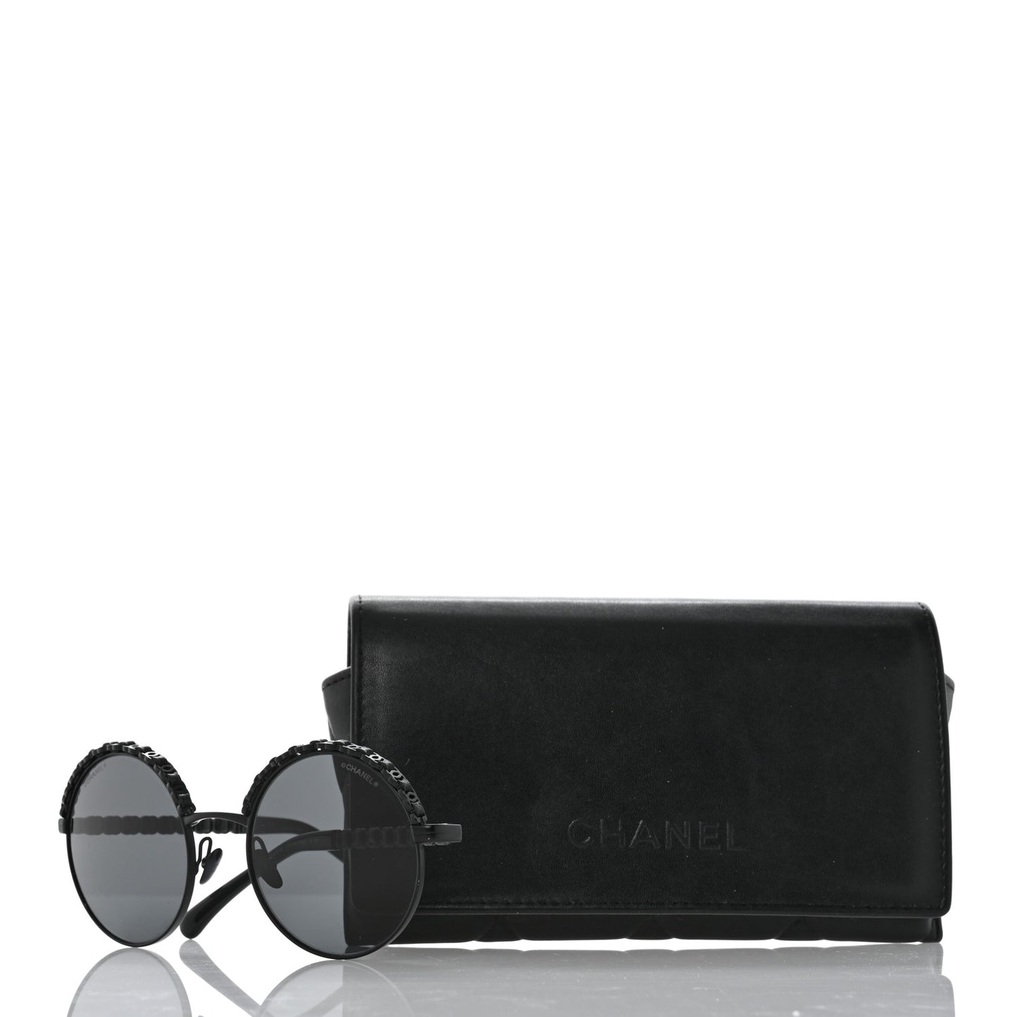 Metal Calfskin Round Chain Sunglasses 4265-Q Black