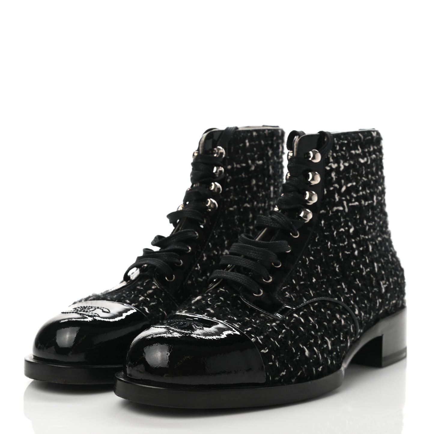 Tweed Calfskin Patent CC Lace Up Boots 38 Black White