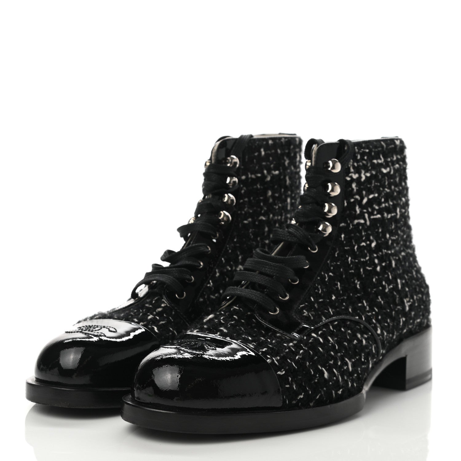 Chanel Tweed Calfskin Patent CC Lace Up Boots 38 Black White 3 of 8
