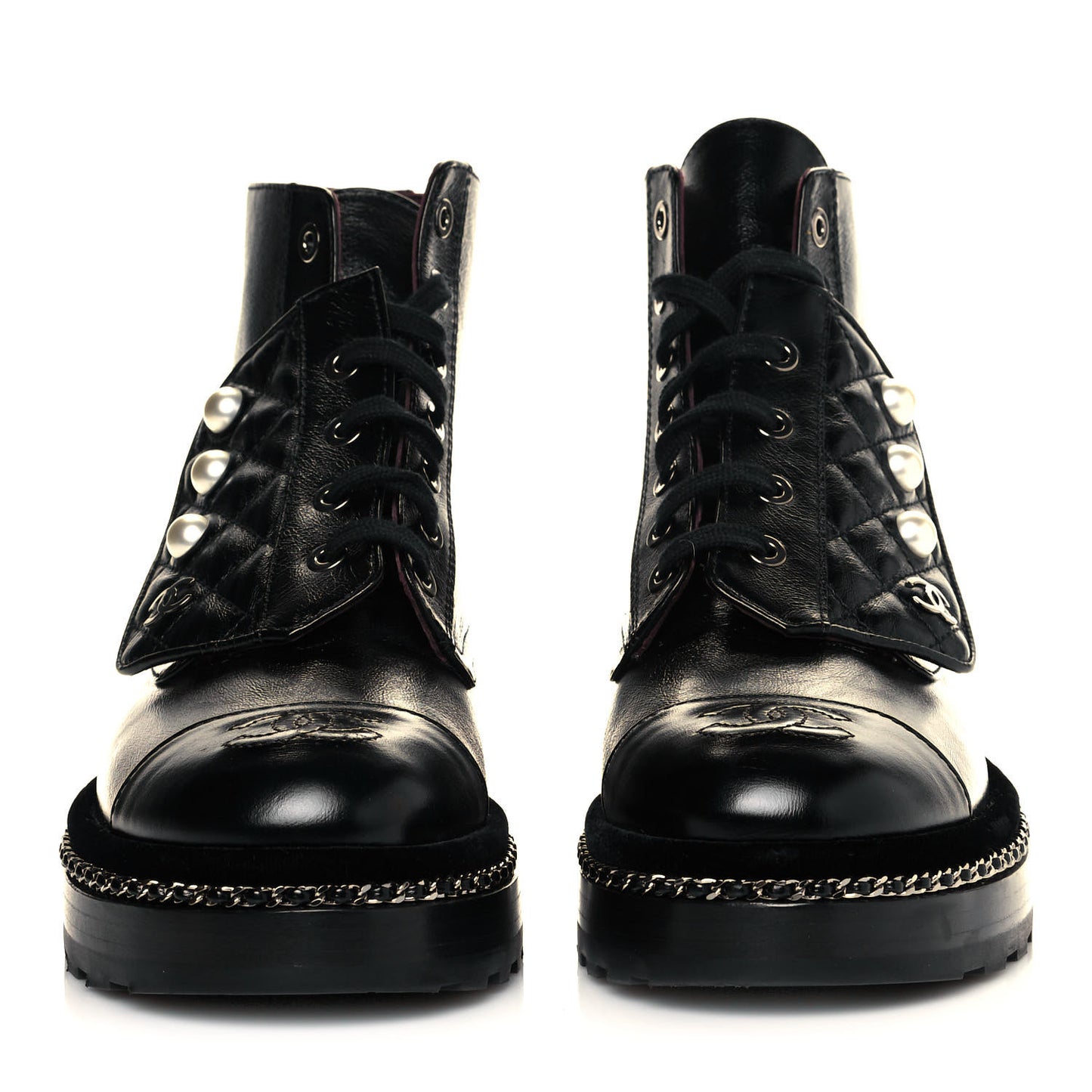Crackled Calfskin Velvet Pearl Combat Short Boots 36.5 Black