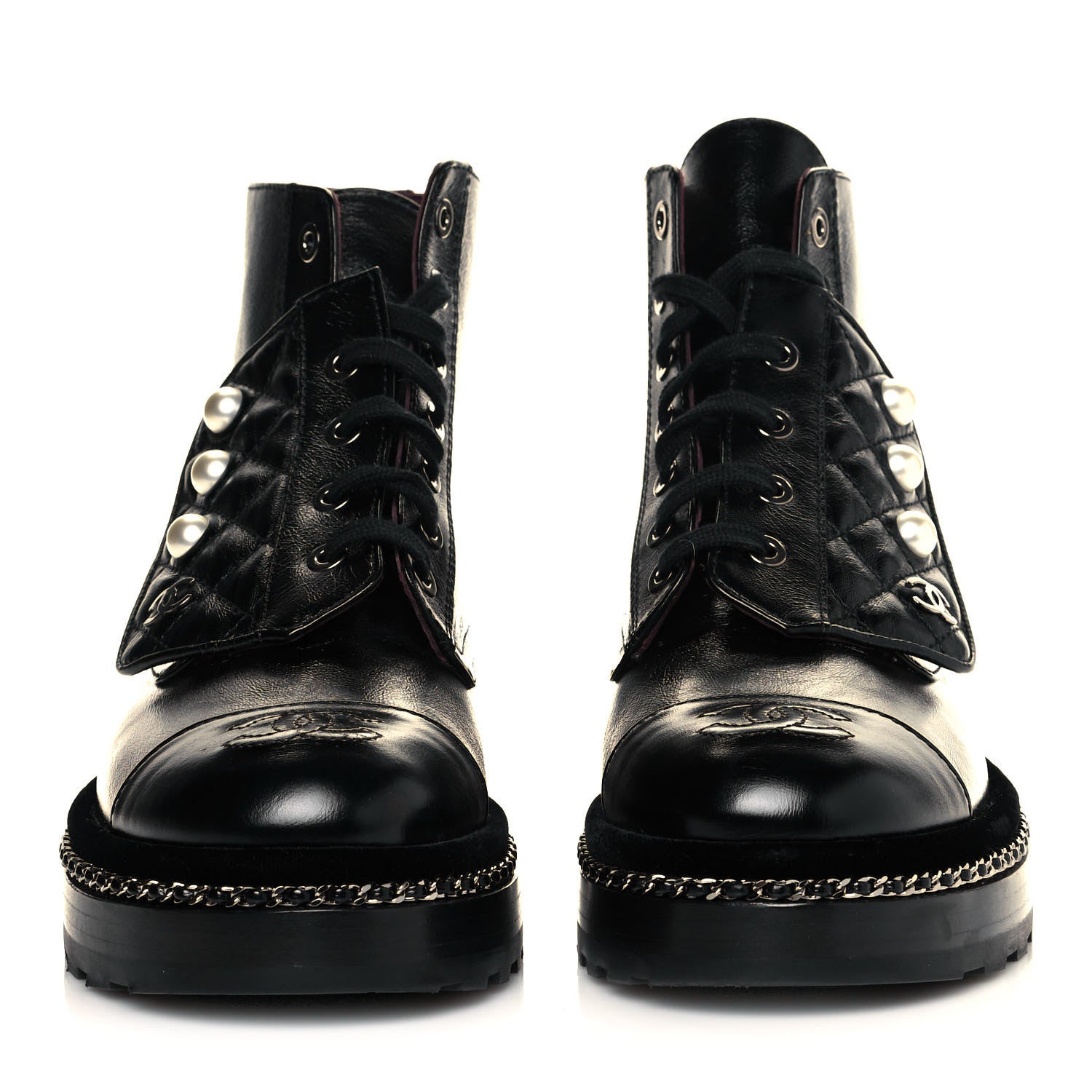 Chanel Crackled Calfskin Velvet Pearl Combat Short Boots 36.5 Black 2 of 7