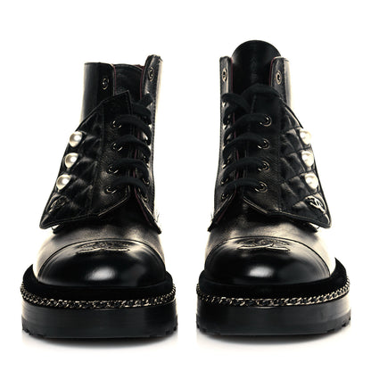 Chanel Crackled Calfskin Velvet Pearl Combat Short Boots 36.5 Black 2 of 7