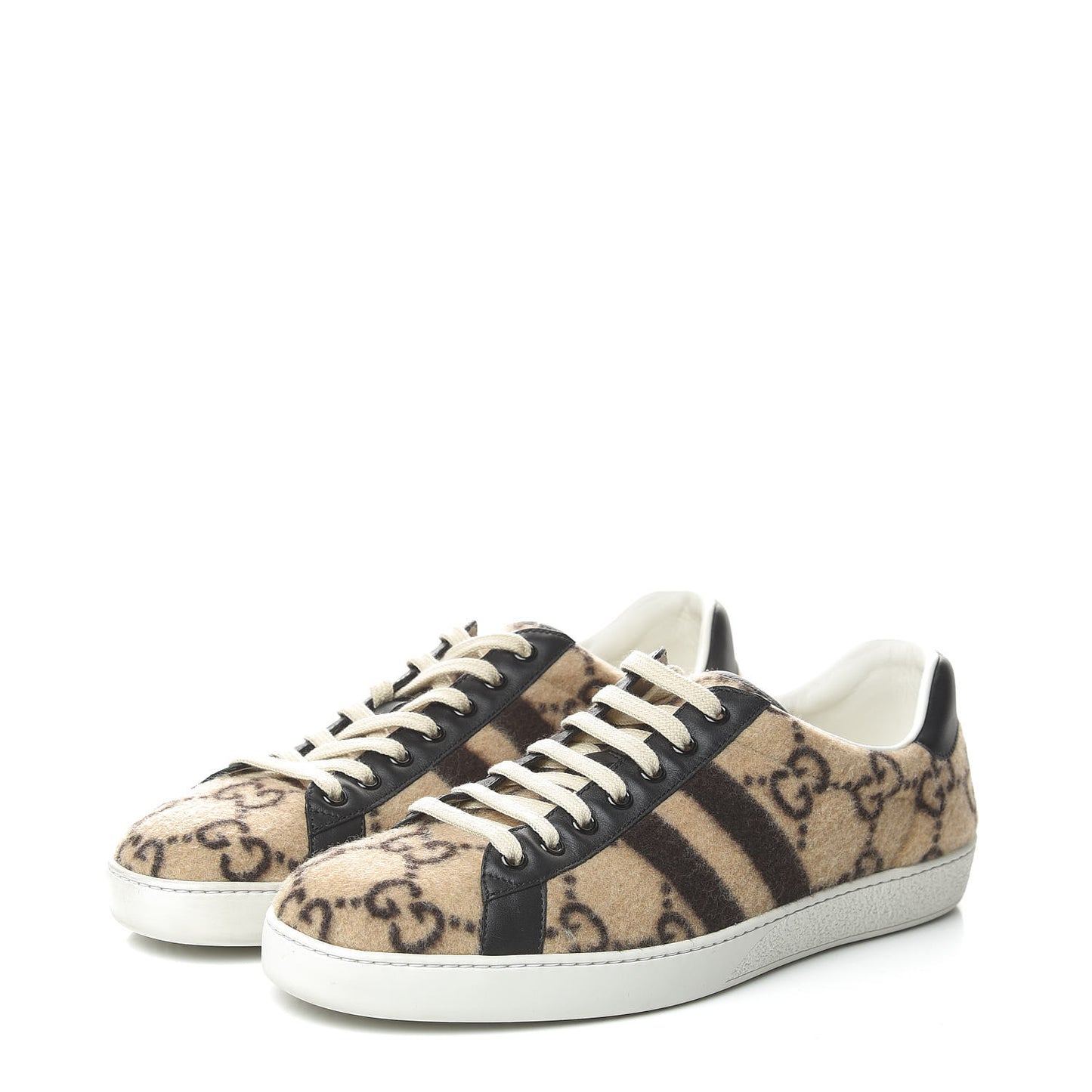 Covered Wool Miro Soft Calfskin Big GG Monogram Mens Sneakers 10 Beige Ebony Black
