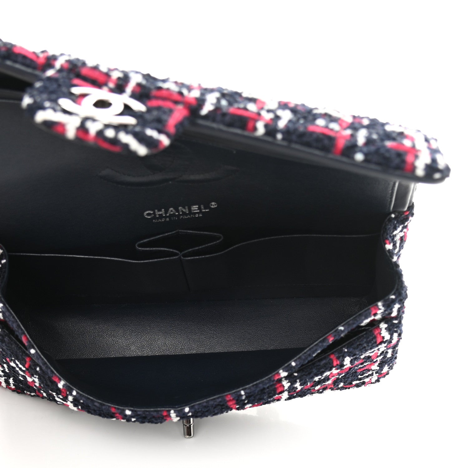 Chanel Tweed Quilted Medium Double Flap Navy White Red 5 of 16
