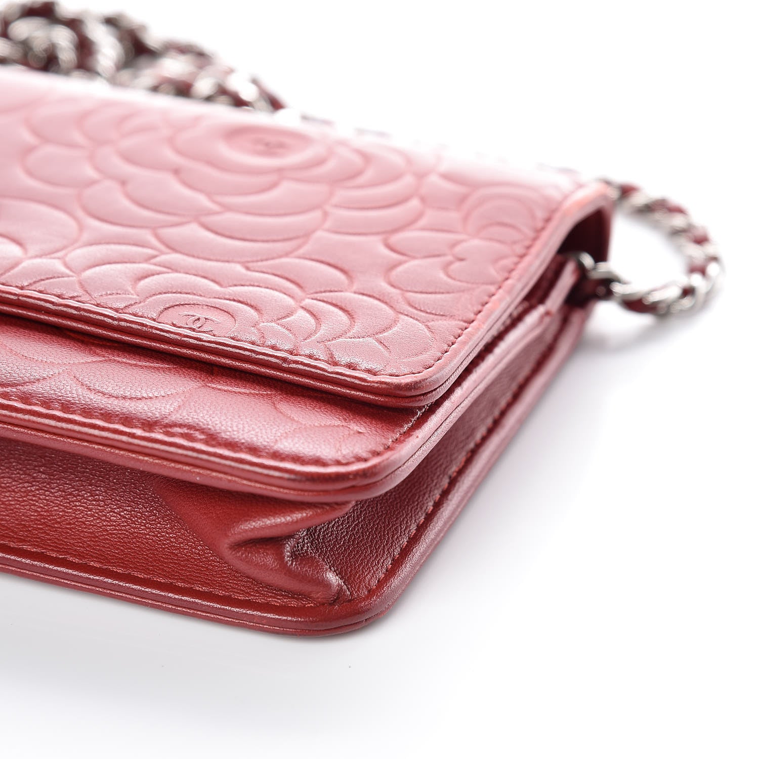 Chanel Lambskin Camellia Embossed Wallet On Chain WOC Red 13 of 19