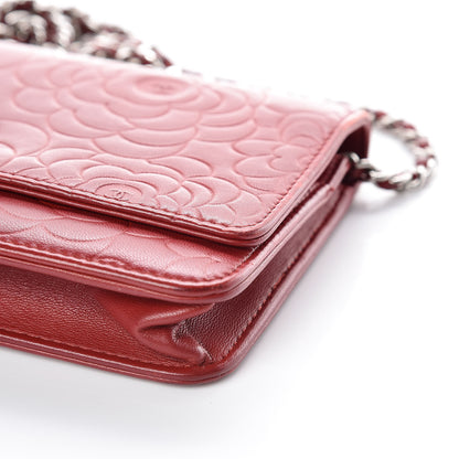 Chanel Lambskin Camellia Embossed Wallet On Chain WOC Red 13 of 19