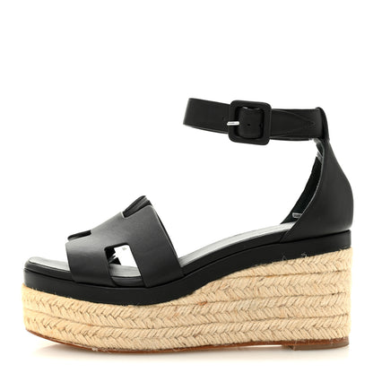 Hermes Calfskin Elda Espadrille Wedge Sandals 36 Black 1 of 10