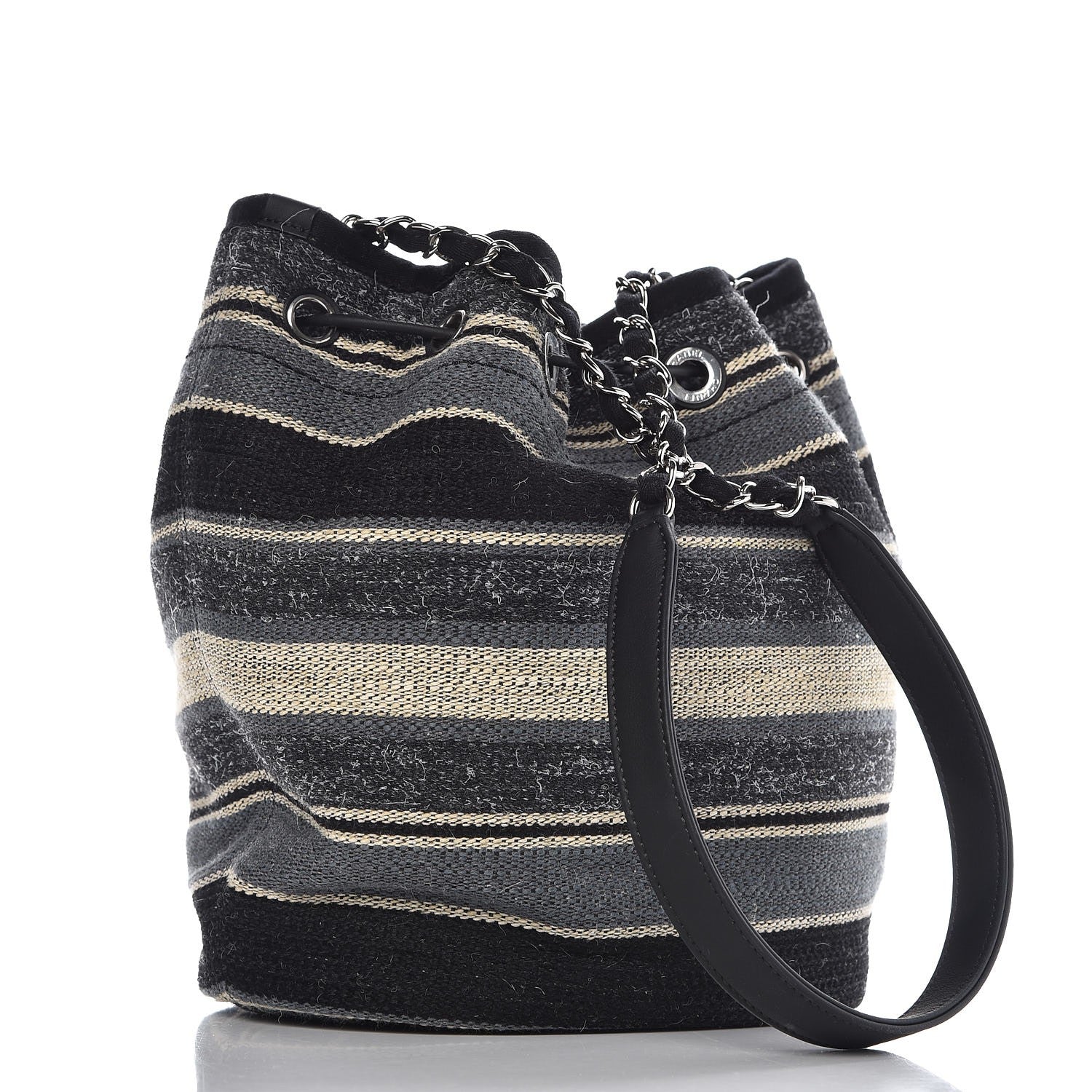 Chanel Striped Canvas Deauville Drawstring Bag Grey Black 3 of 7
