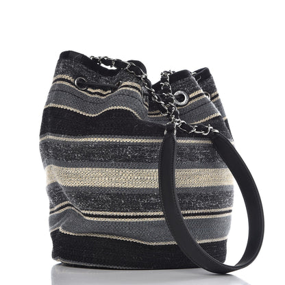 Chanel Striped Canvas Deauville Drawstring Bag Grey Black 3 of 7