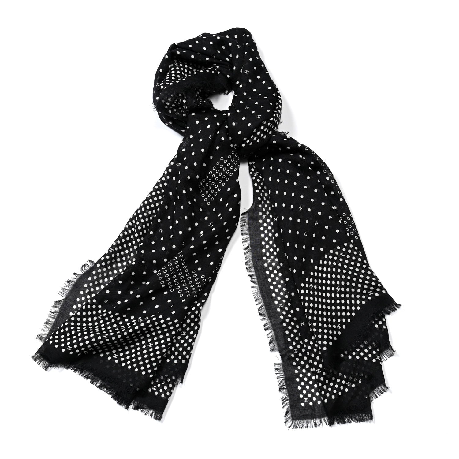 Chanel Cashmere Silk Polka Dot Fringe Stole White Black 1 of 4