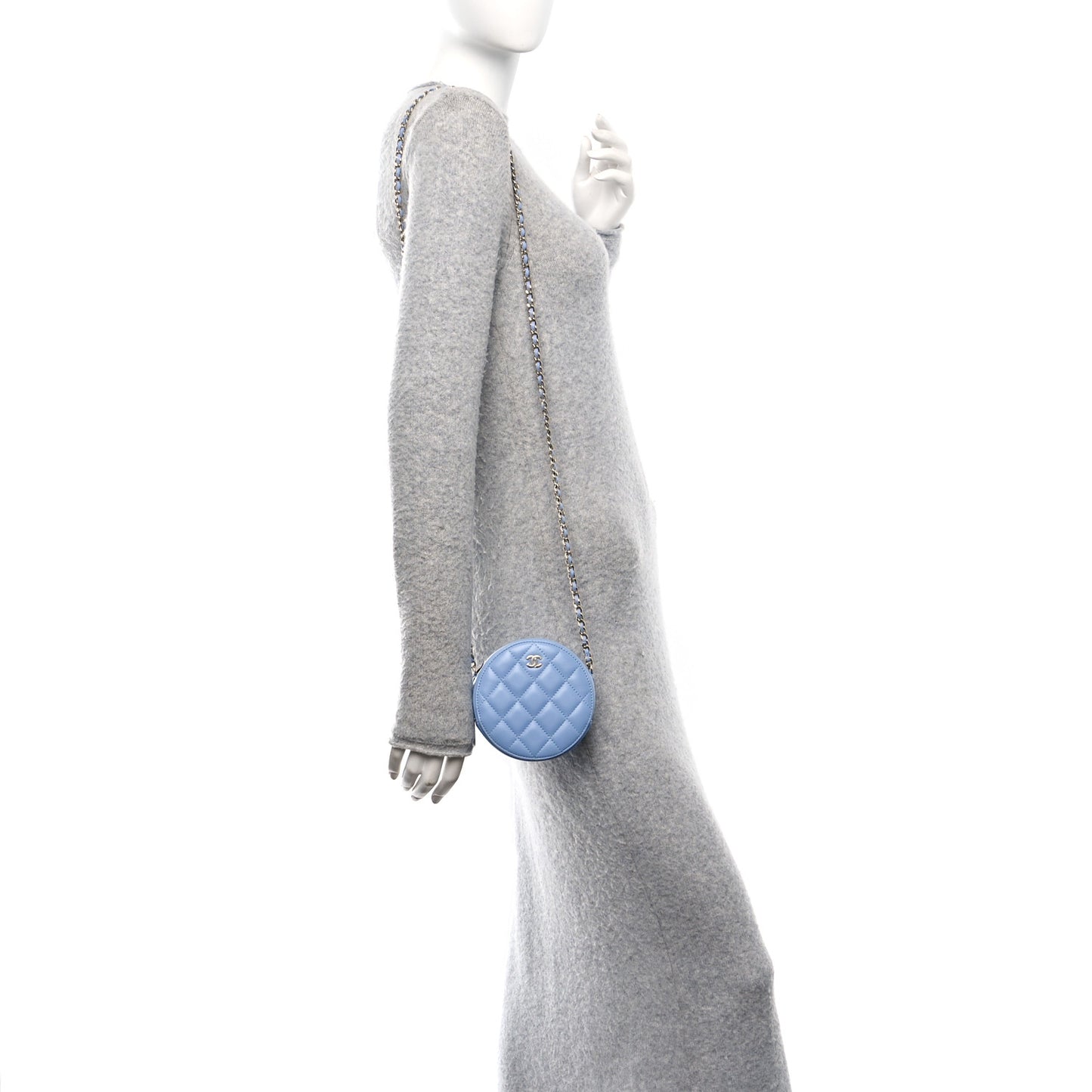 Lambskin Quilted Round Clutch With Chain Light Blue