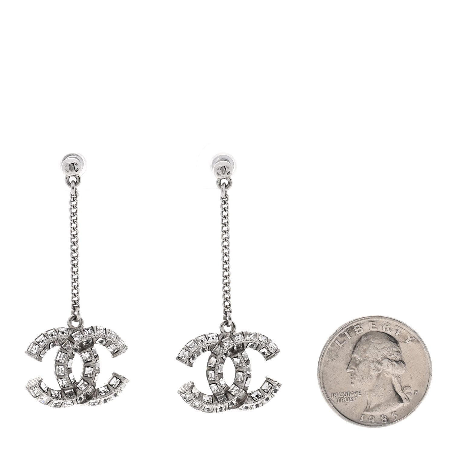 Chanel Baguette Crystal CC Drop Earrings Silver 2 of 4