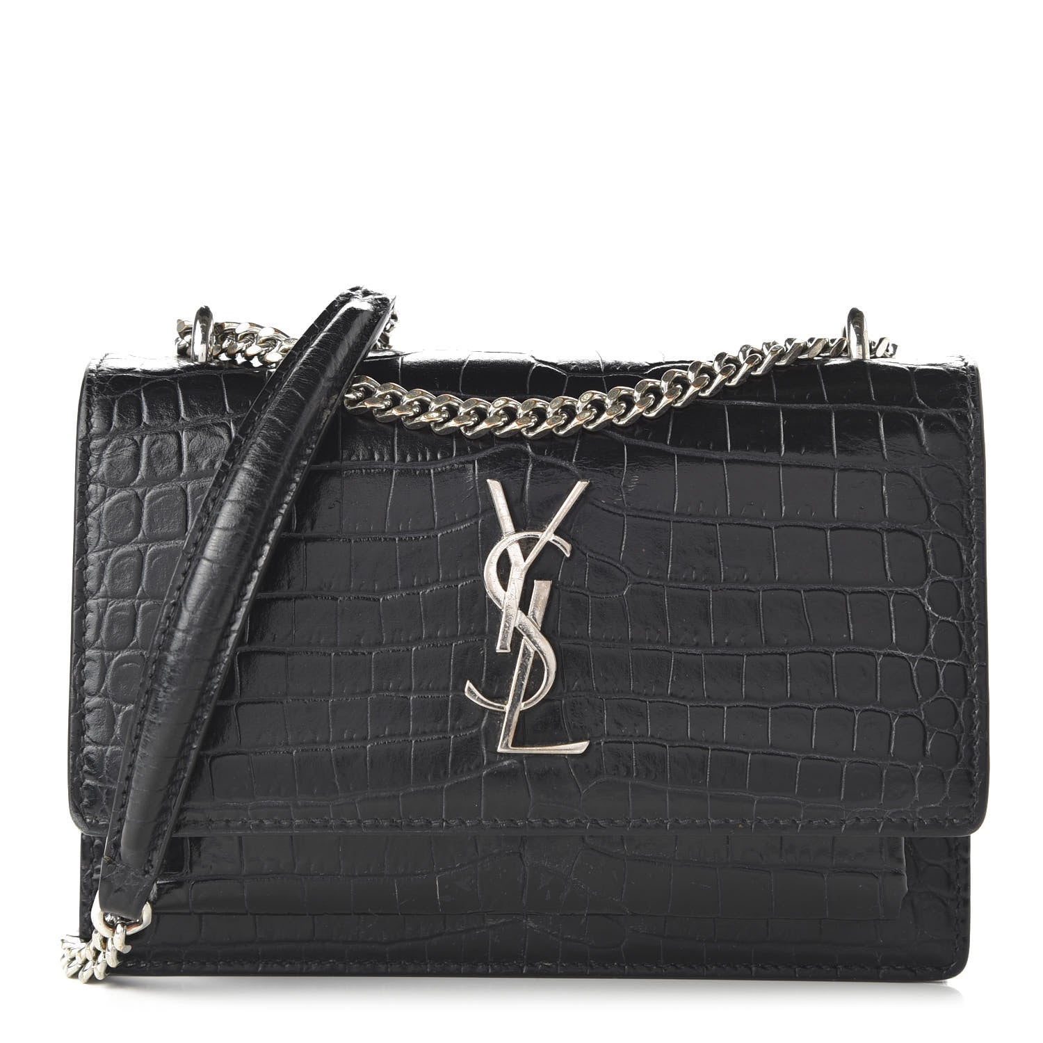 Saint Laurent Calfskin Crocodile Embossed Monogram Sunset Chain Wallet Black 1 of 9