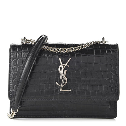 Saint Laurent Calfskin Crocodile Embossed Monogram Sunset Chain Wallet Black 1 of 9