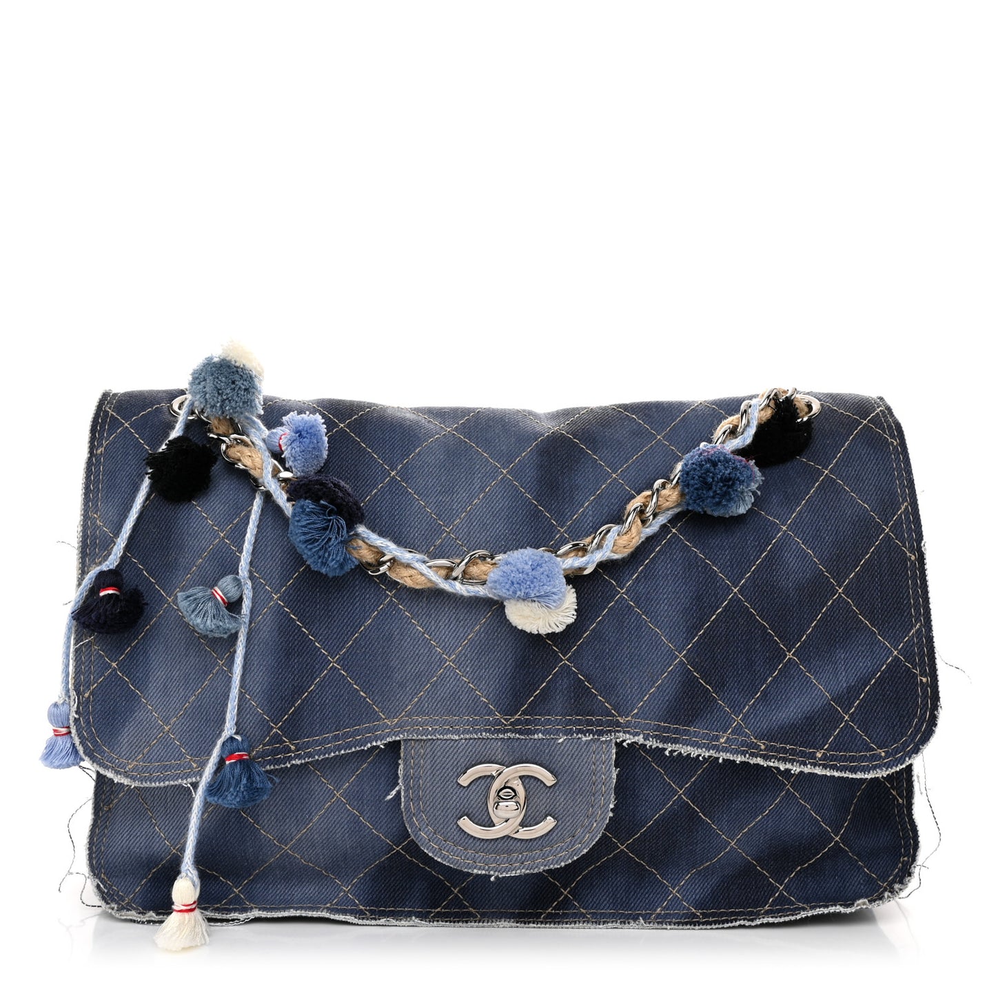 Denim Quilted Jumbo Pompom Flap Dark Blue