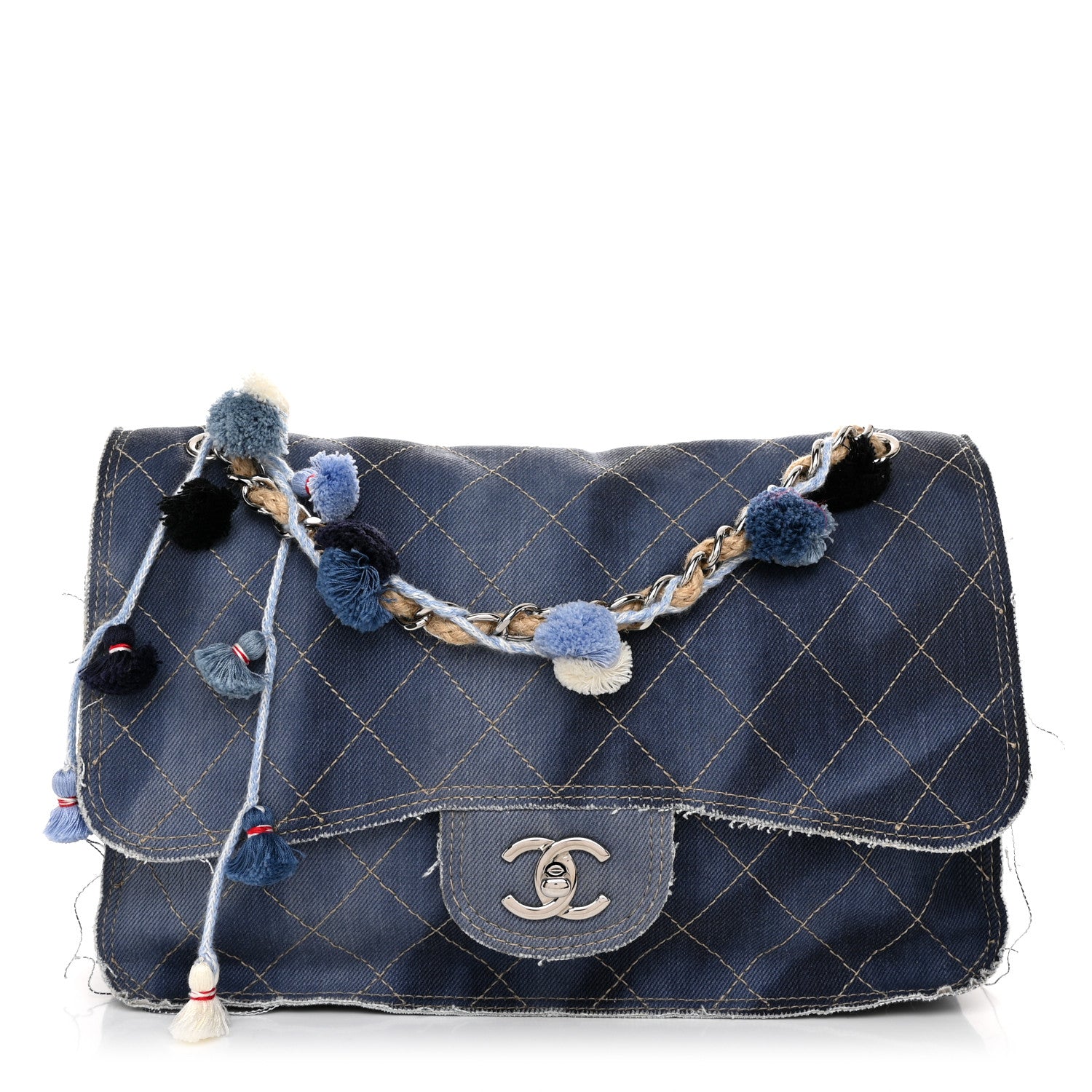 Chanel Denim Quilted Jumbo Pompom Flap Dark Blue 1 of 10