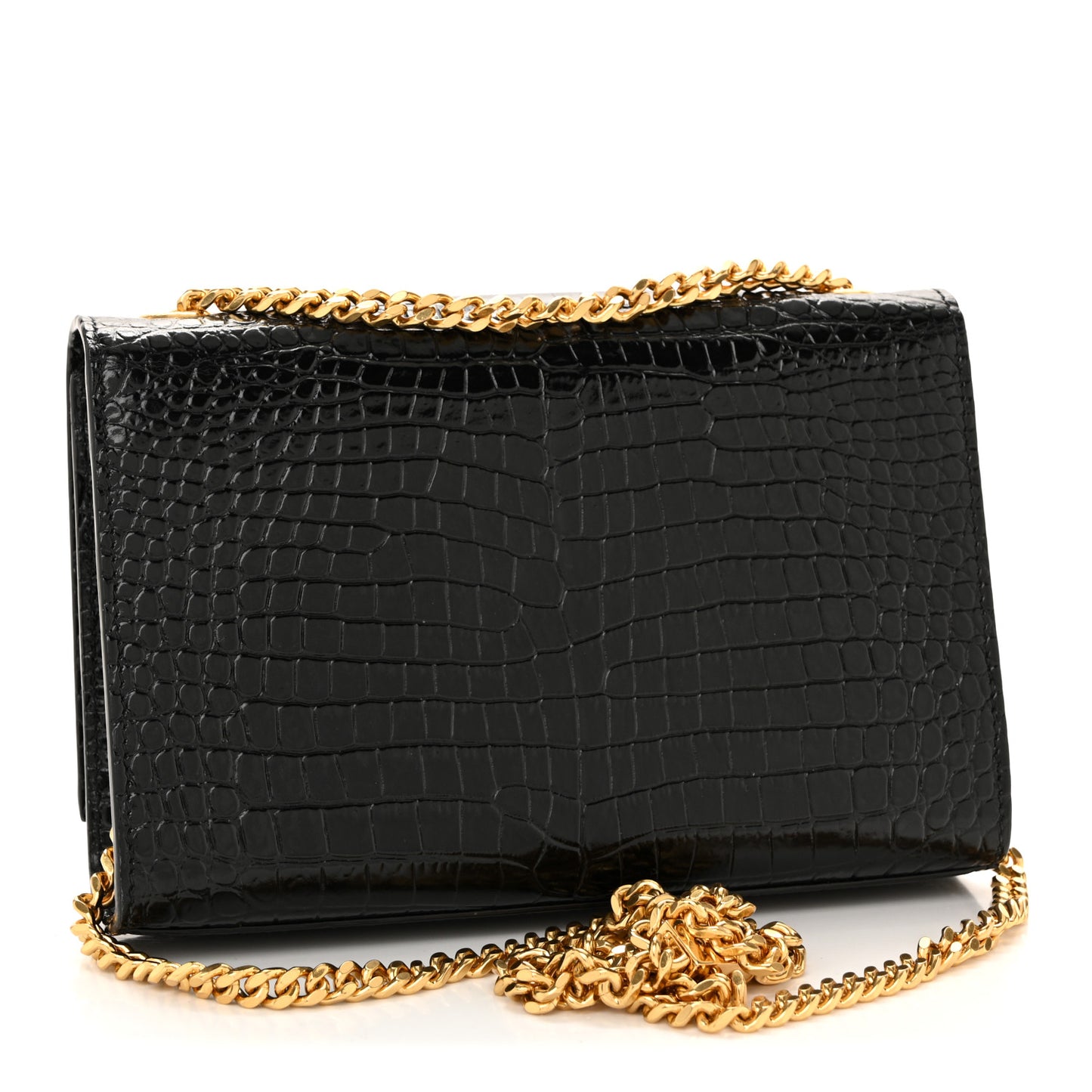 Calfskin Crocodile Embossed Small Classic Monogram Kate Tassel Satchel Black