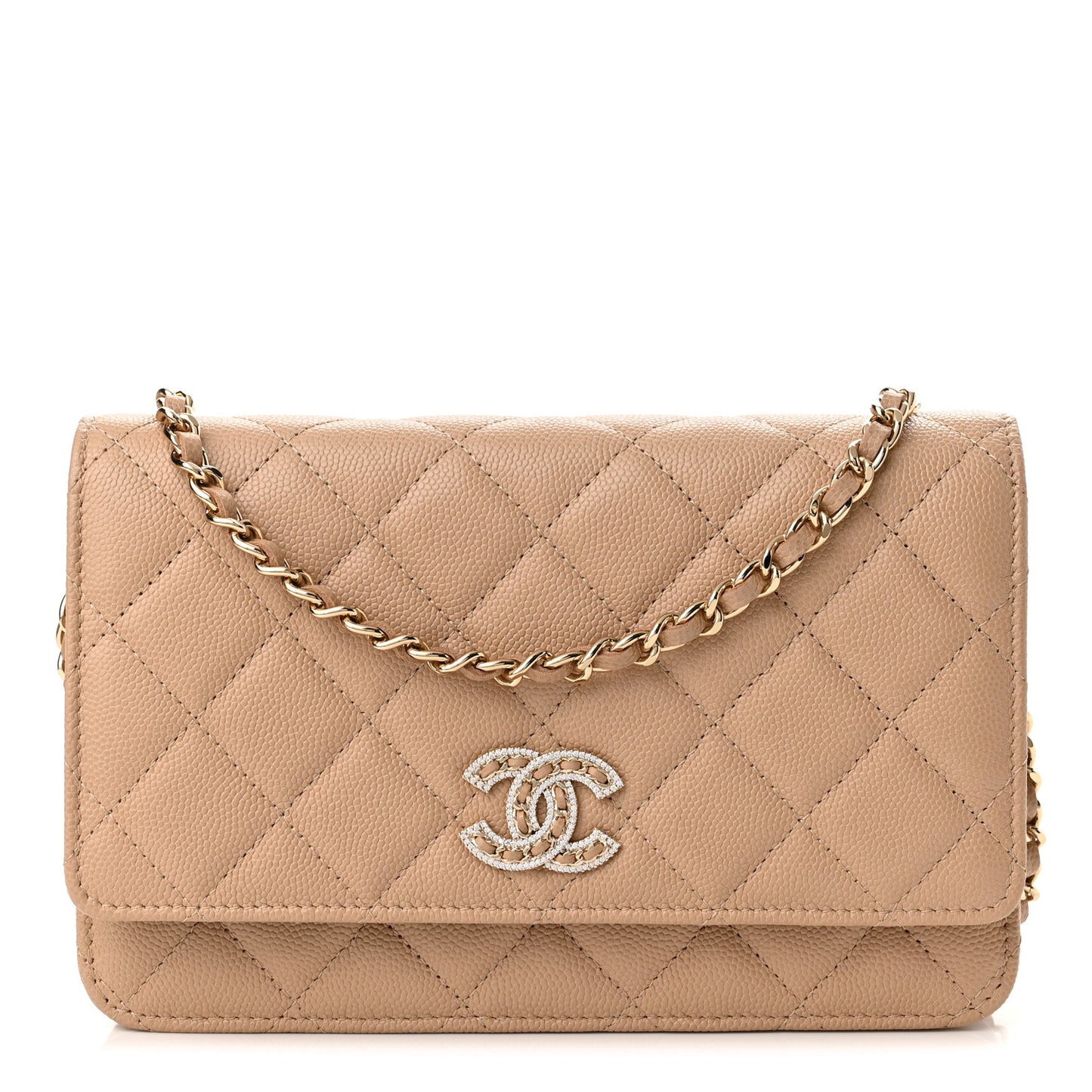 Caviar Quilted Crystal CC Wallet On Chain WOC Beige