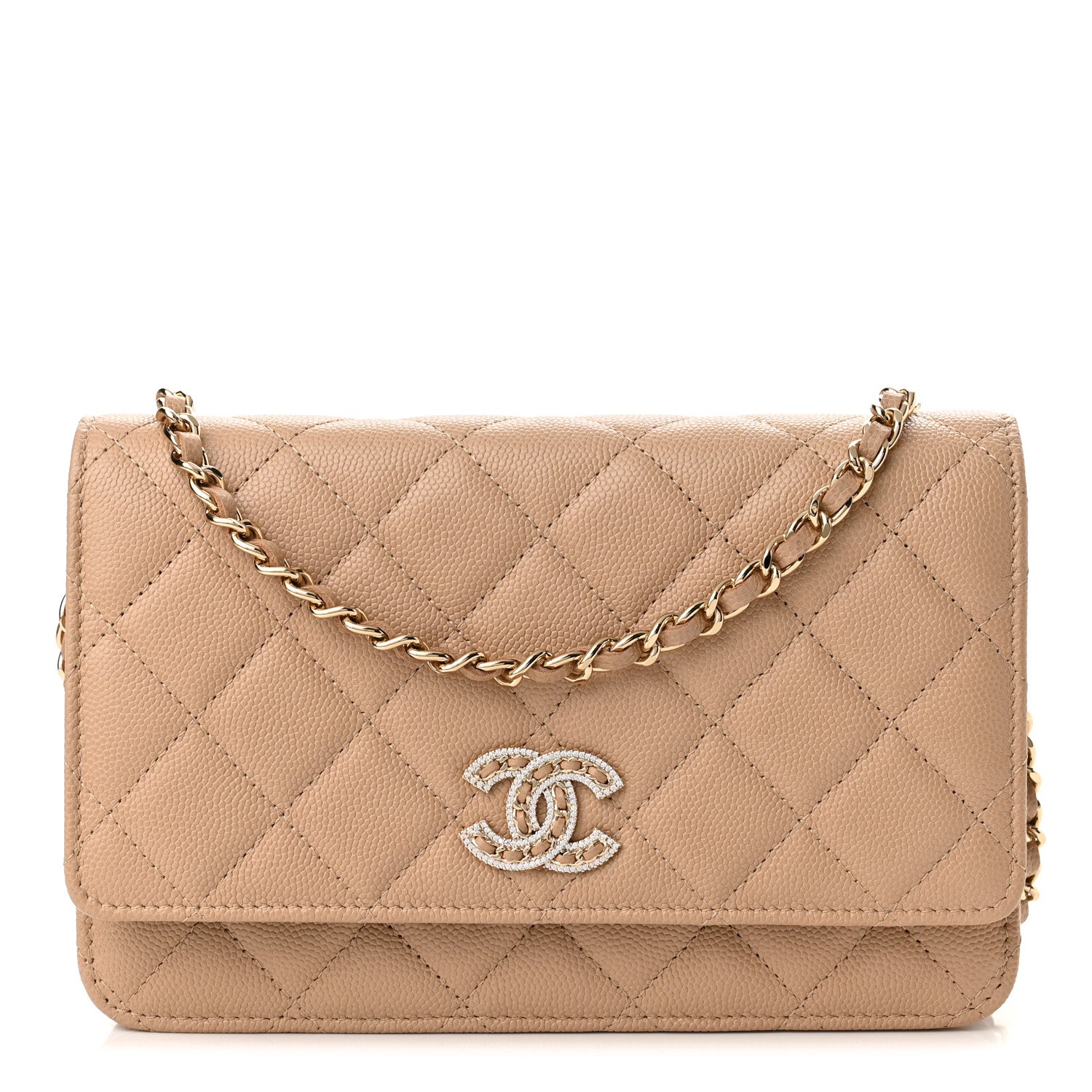 Chanel Caviar Quilted Crystal CC Wallet On Chain WOC Beige 1 of 12