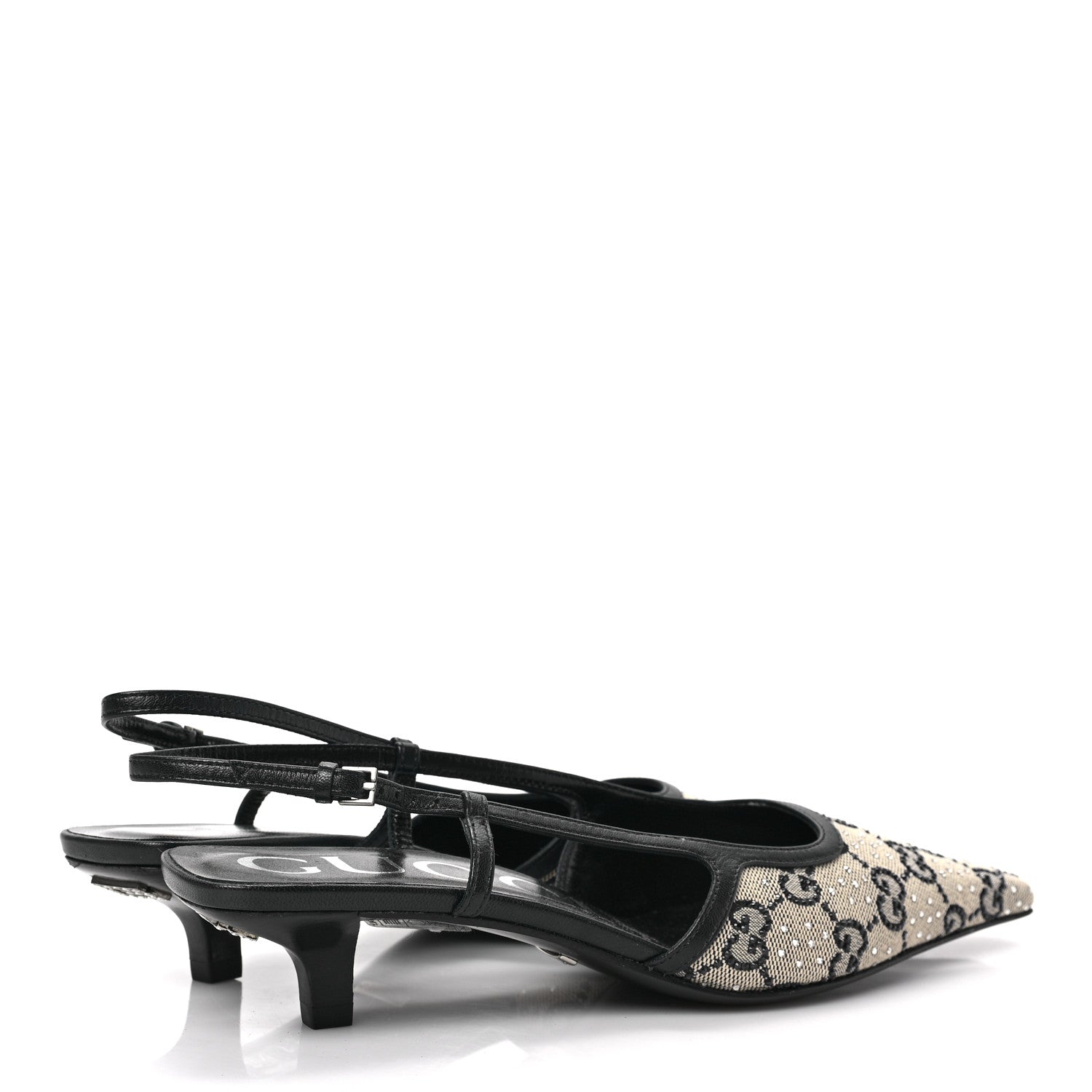 Gucci GG Monogram Malaga Kid Crystal Square G 35mm Slingback Pumps 37.5 Beige Blue 4 of 8