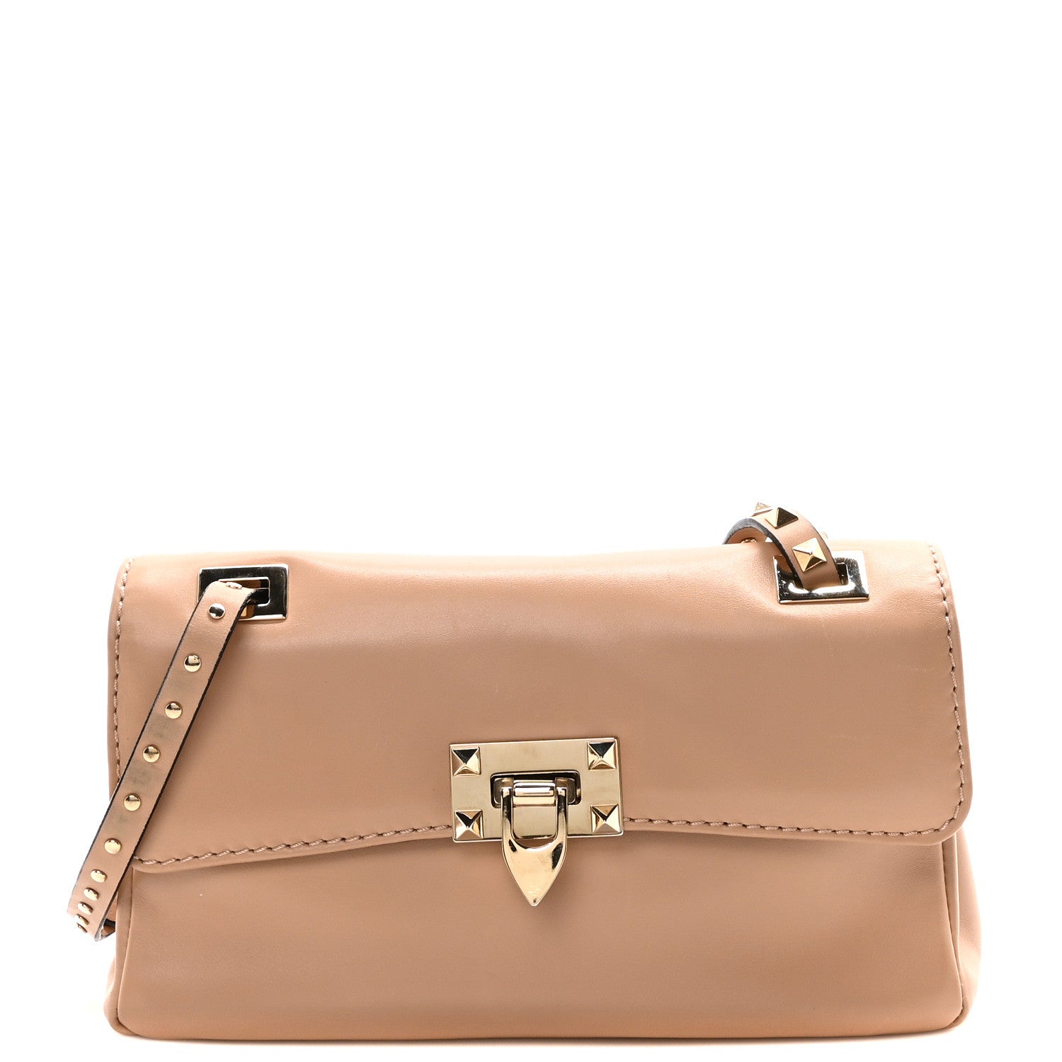 Valentino Garavani Vitello Rockstud Flip Lock Shoulder Flap Bag Beige 1 of 9
