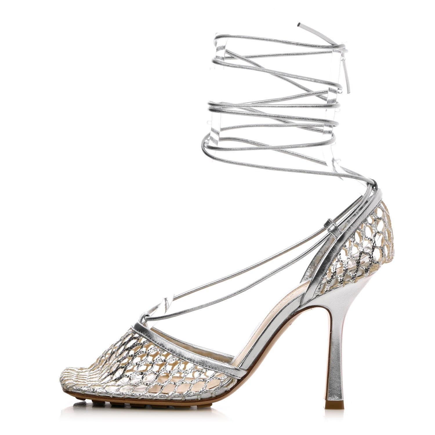 Bottega Veneta Mesh Metallic Nappa Stretch Ankle Tie Sandals 36.5 Silver 1 of 8