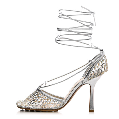 Bottega Veneta Mesh Metallic Nappa Stretch Ankle Tie Sandals 36.5 Silver 1 of 8