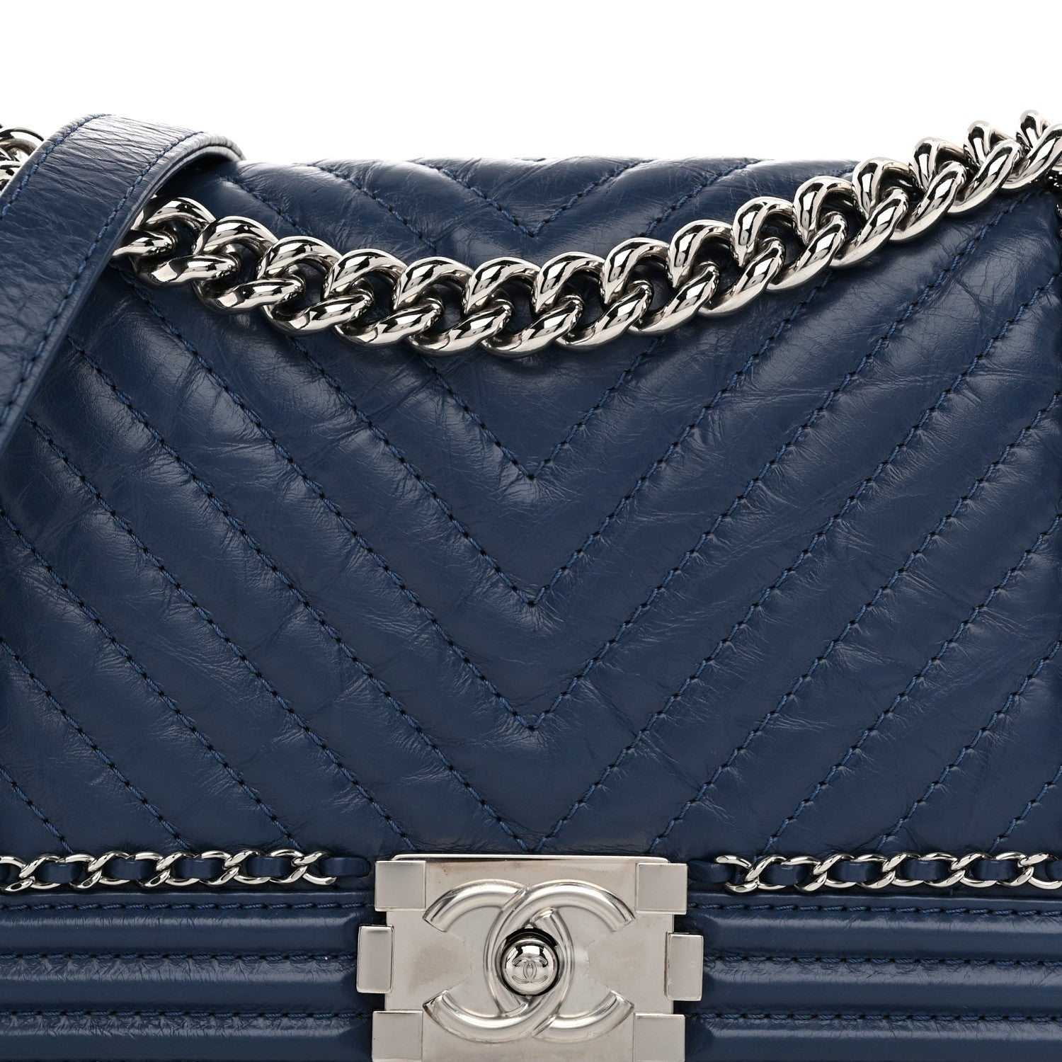 Chanel Aged Calfskin Chevron Quilted Medium Jacket Boy Flap Navy Blue 8 of 10