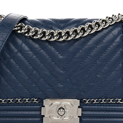 Chanel Aged Calfskin Chevron Quilted Medium Jacket Boy Flap Navy Blue 8 of 10
