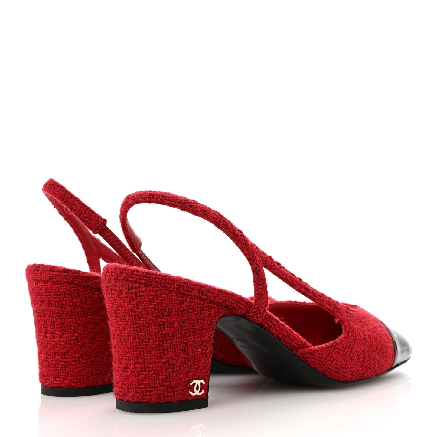 Tweed Patent Cap Toe CC Slingback Pumps 39.5 Red Black