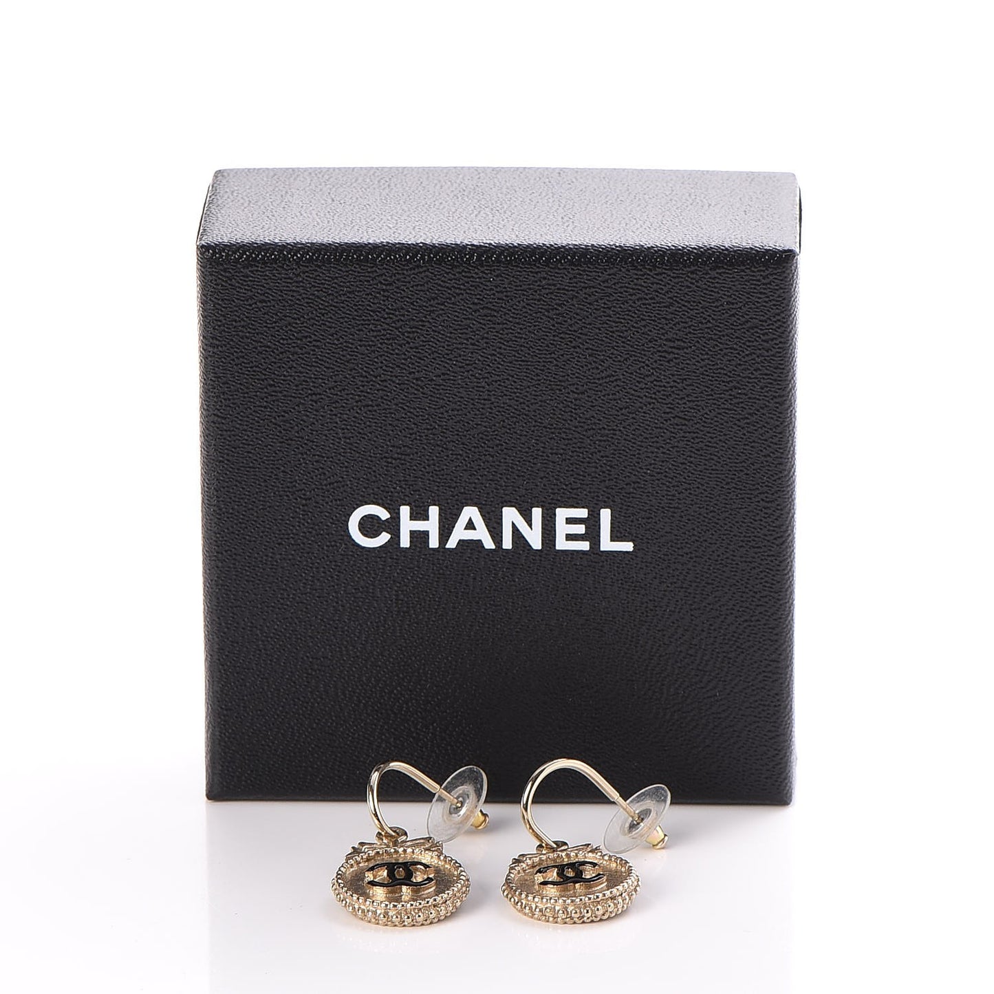 CC Bow Dangle Earrings Black Gold