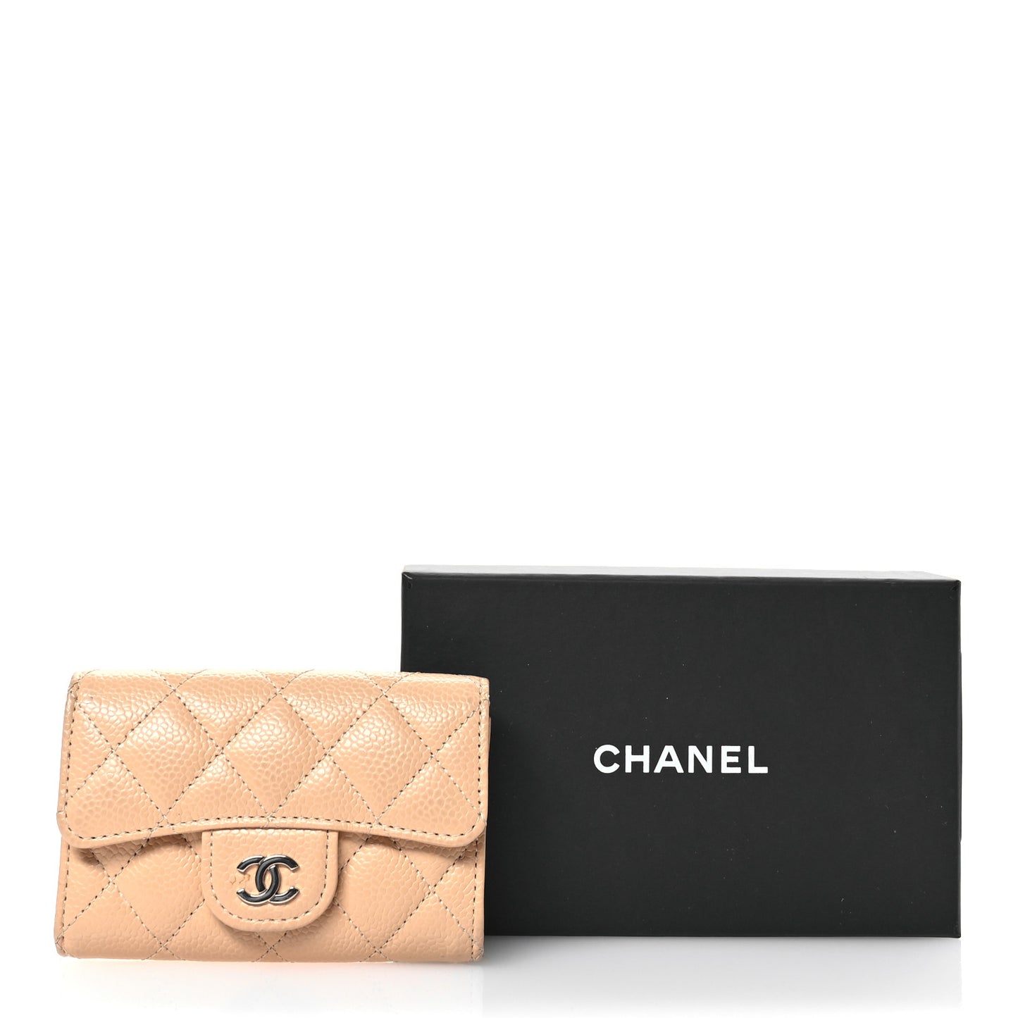 Caviar Quilted Flap Card Holder Wallet Beige