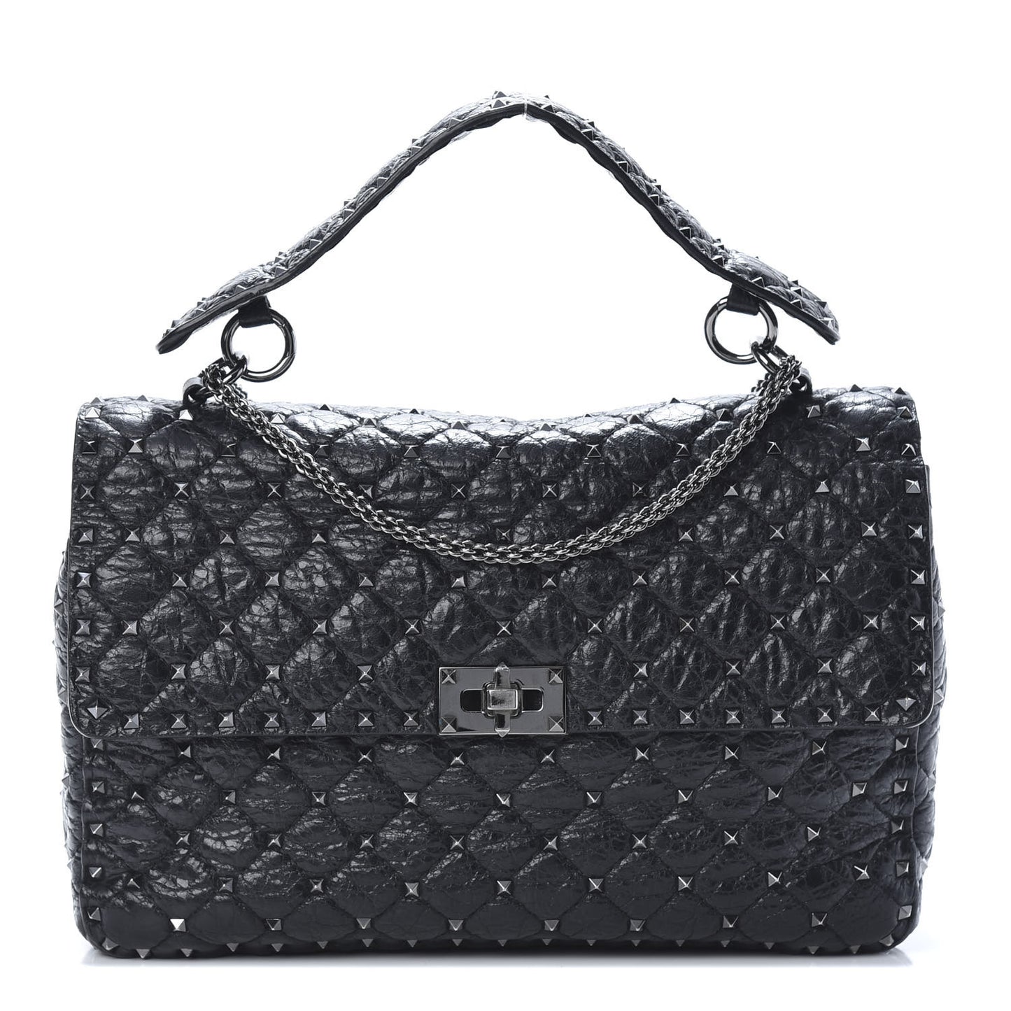 Craquele Nappa Large Rockstud Spike Shoulder Bag Black
