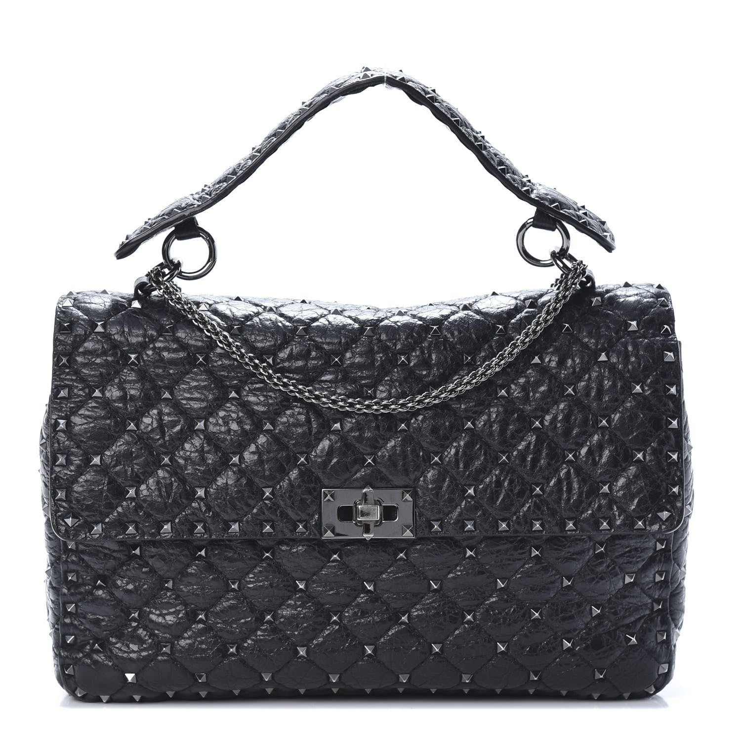 Valentino Garavani Craquele Nappa Large Rockstud Spike Shoulder Bag Black 1 of 9