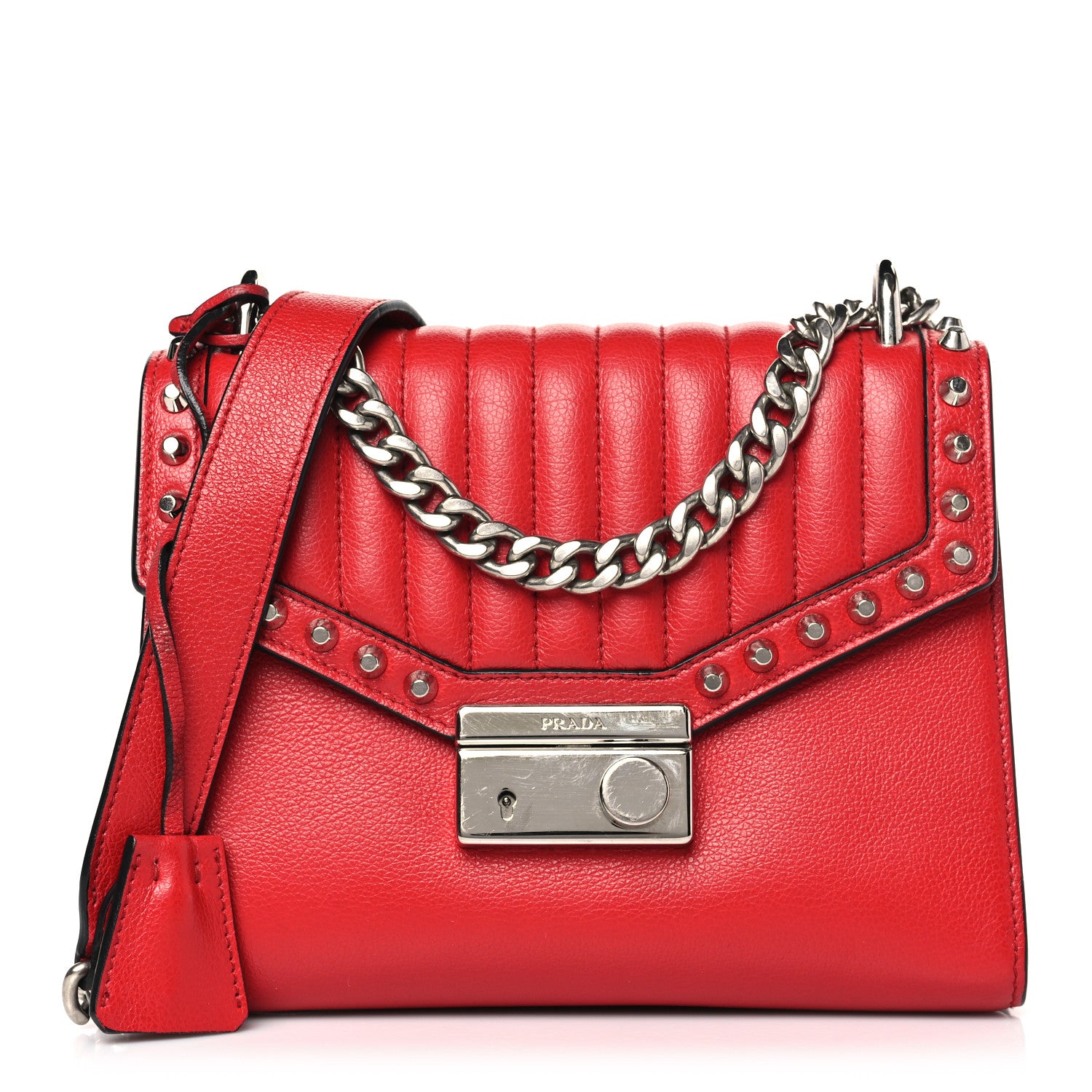 Prada Glace Calfskin Studded Sound Flap Crossbody Shoulder Bag Fuoco 1 of 8