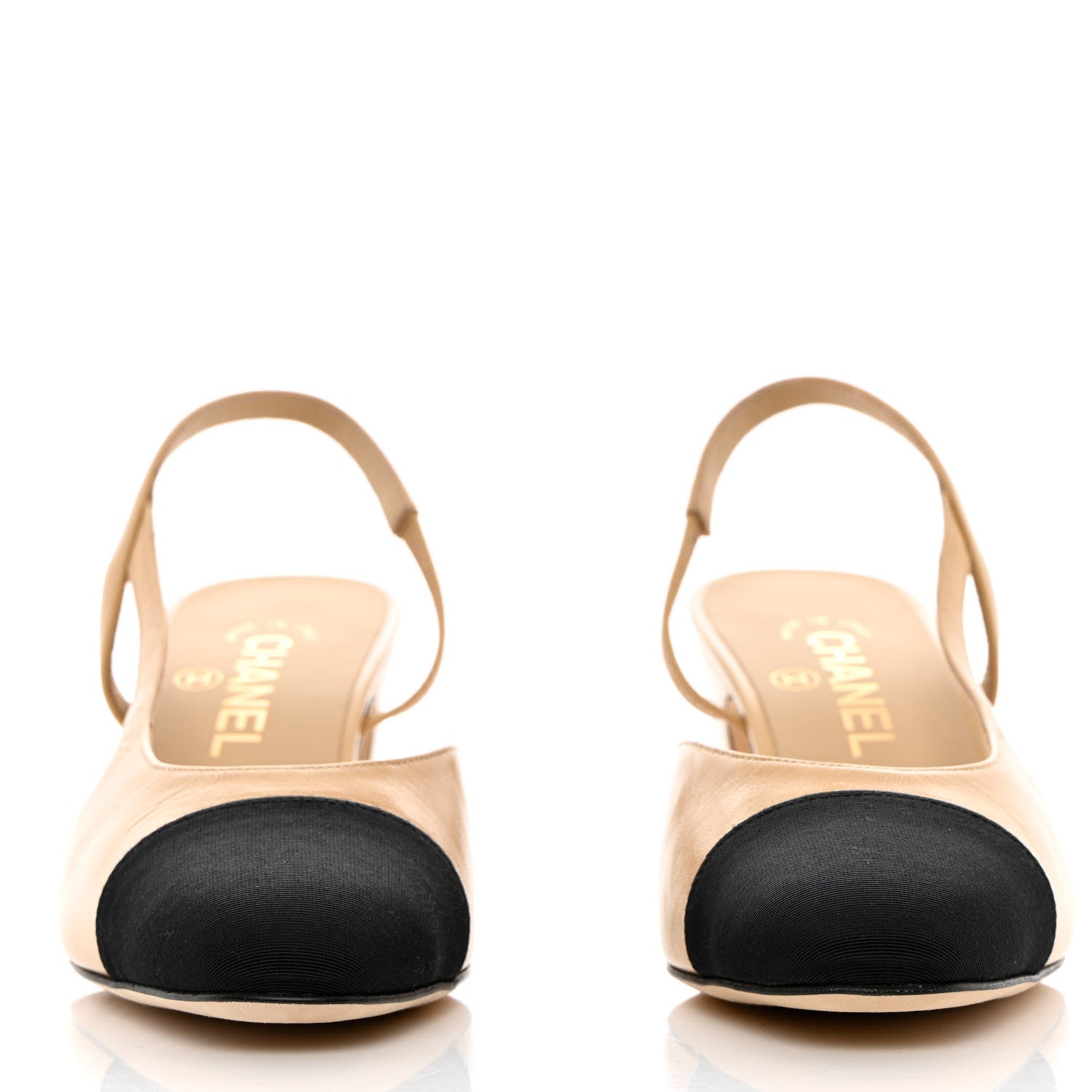Chanel Goatskin Grosgrain Cap Toe CC Slingback Pumps 38.5 Beige Black 2 of 12