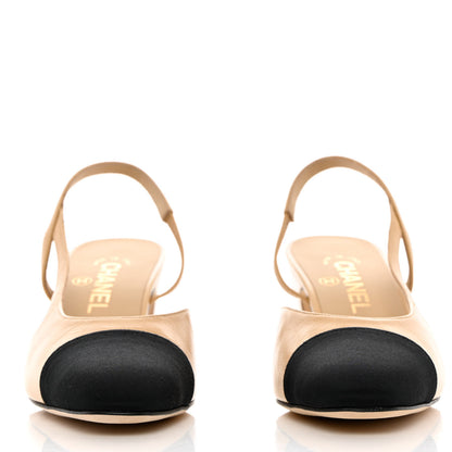 Chanel Goatskin Grosgrain Cap Toe CC Slingback Pumps 38.5 Beige Black 2 of 12