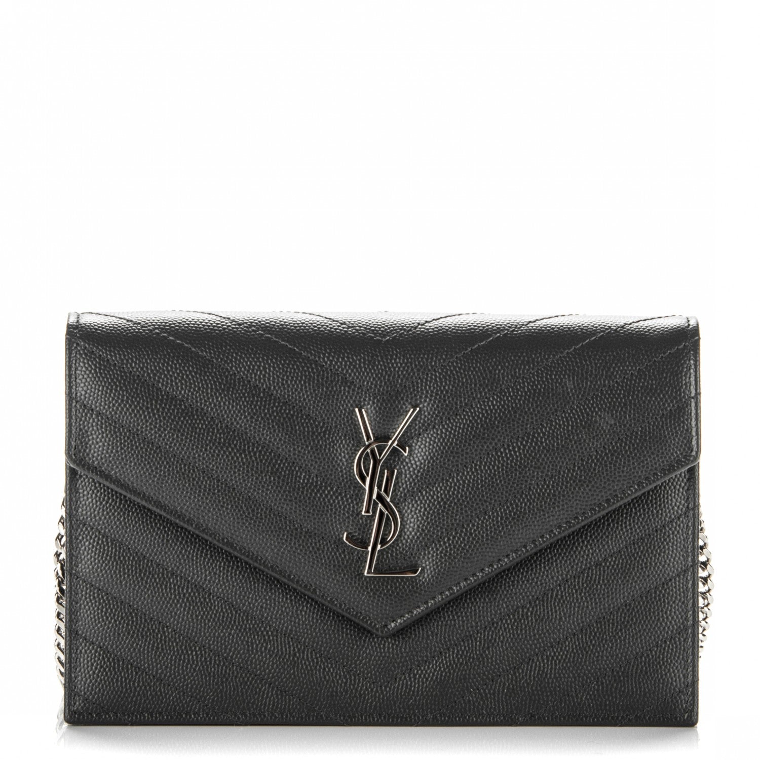Saint Laurent Grain De Poudre Matelasse Chevron Monogram Envelope Chain Wallet Coal 1 of 7