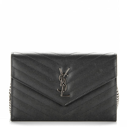 Saint Laurent Grain De Poudre Matelasse Chevron Monogram Envelope Chain Wallet Coal 1 of 7